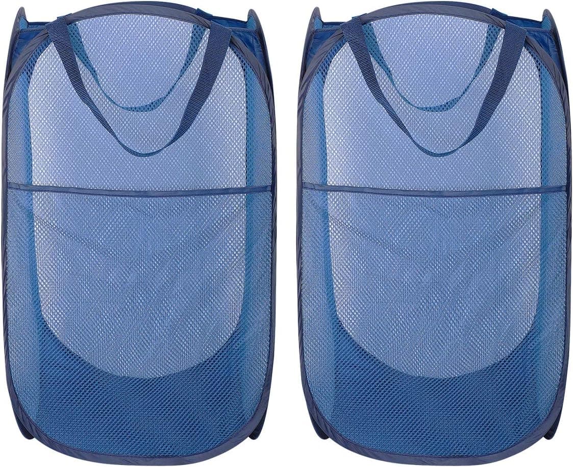 HOMEIDEAS Pop Up Mesh Laundry Hamper Portable Collapsible Popup Laundry Basket with Side Pocket, Durable & Reinforced Handles for Dorm, Kids Room or Travel (Pack of 2, Navy Blue)