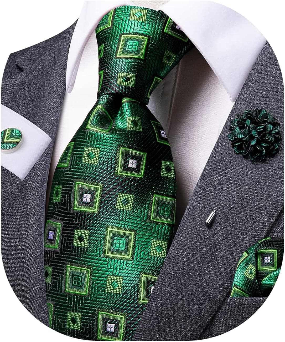 Dubulle Mens Tie and Lapel Pin Flower Silk Necktie Hankerchief Cufflinks Set for Men Paisley Solid Stripe 4pcs Set