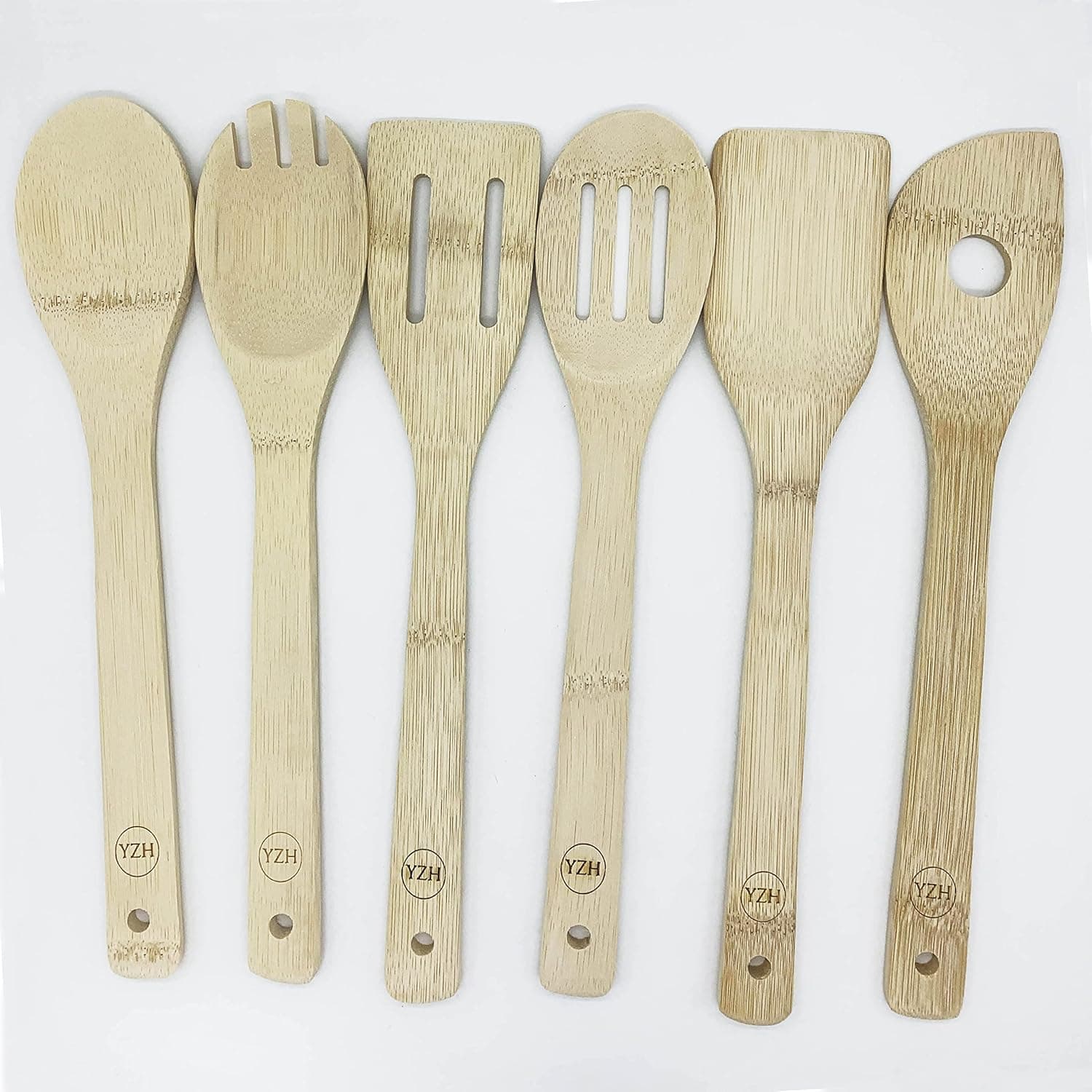 YZH Kitchen Wooden Utensils Set - 6 Bamboo Utensils for Cooking - Heat Resistant / Reusable / Non-Stick / Non-Scratch Cooking Tool