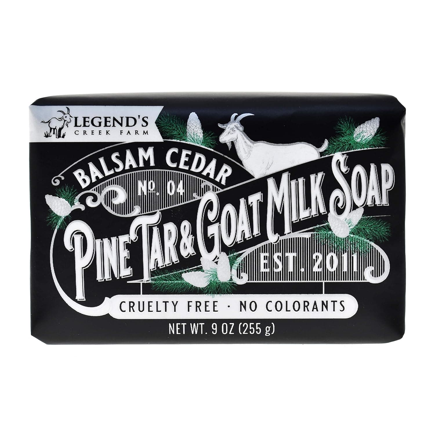 Legend’s Creek Farm, Triple Milled Goat Milk Soap, Moisturizing Cleansing Bar, Hands & Body, Creamy Lather & Nourishing, For Sensitive Skin, Handmade in USA, 9 Oz (Balsam Cedar & Pine Tar T.M.S.)
