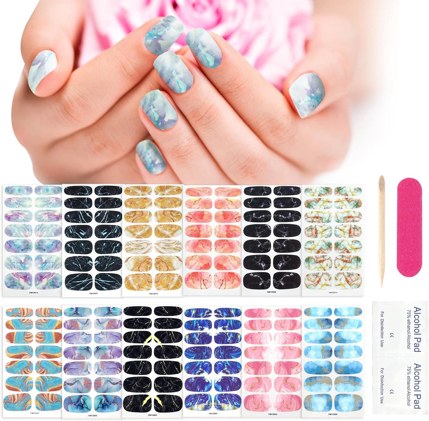 12 Sheets Full Wrap Nail Polish Stickers Self Adhesive Glitter Gradient Marble Color Street Nail Decal Strips with Glass Nail File for Women Girls DIY