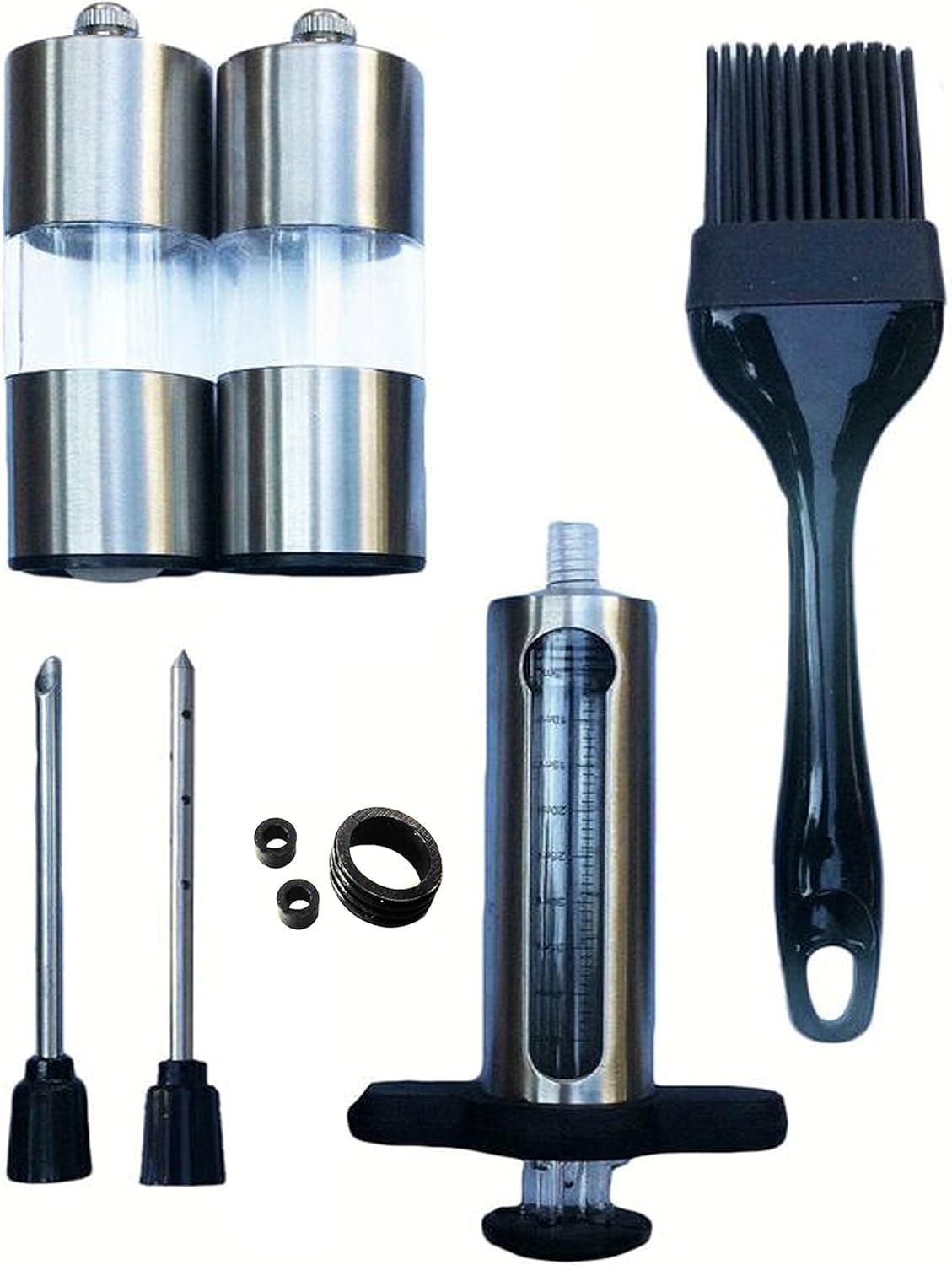 ekSel Marinade Injector Set with needles Stainless Steel plus BPA free Silicone Basting Brush and Pepper Mill & Salt Mill