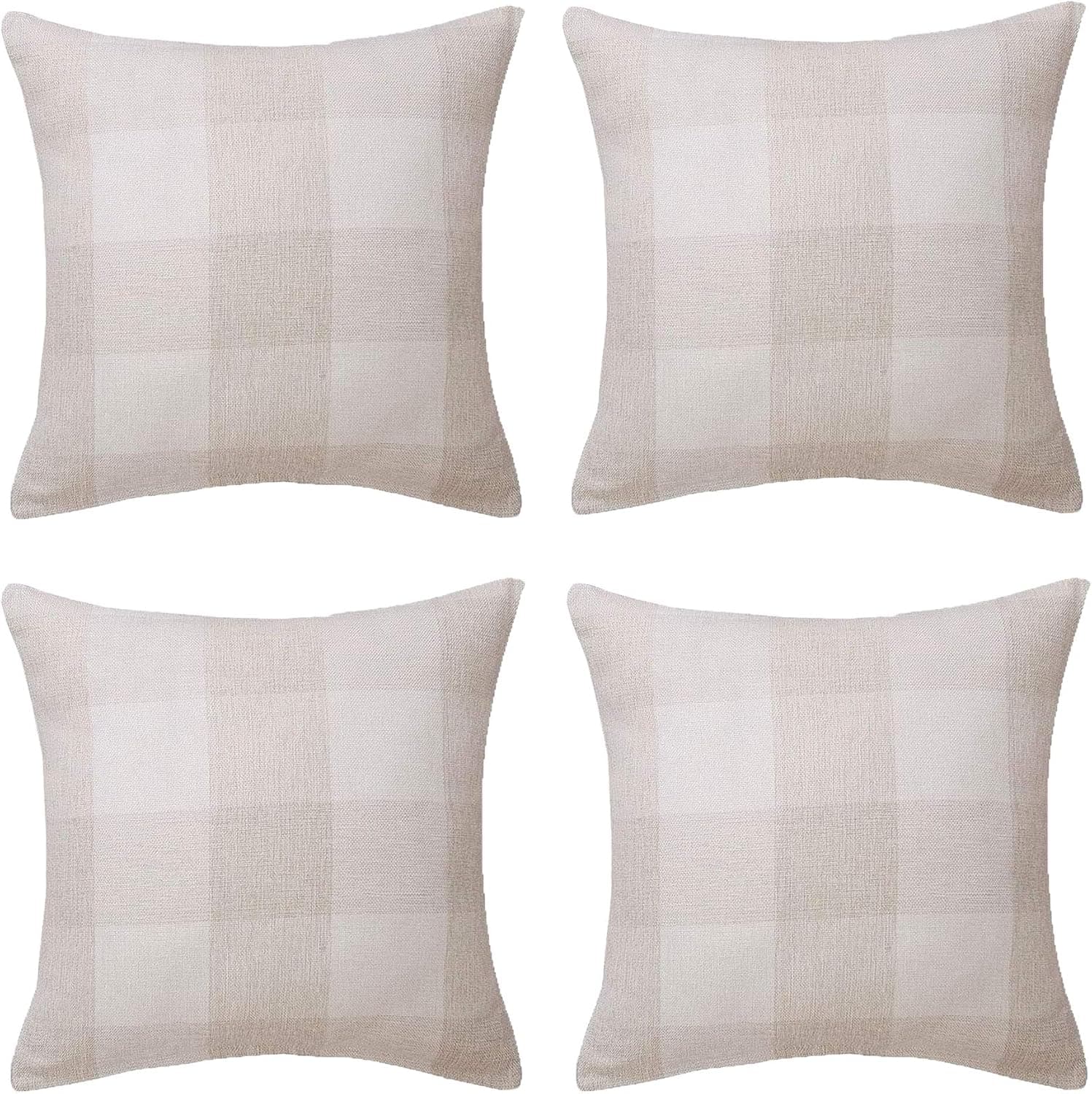 SEEKSEE Set of 4 Farmhouse Buffalo Check Plaid Throw Pillow Covers Cotton Linen Beige & White Cushion Case for Fall Home Decor 20" x 20"