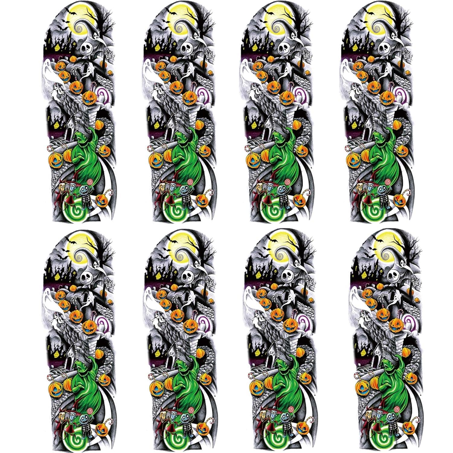 Nightmare Before Christmas Tattoos Sleeve, 8-Sheet Large Full Arm Sleeve Tattoos, Fake Sleeve Men Tattoos Makeup Set for Halloween Parties