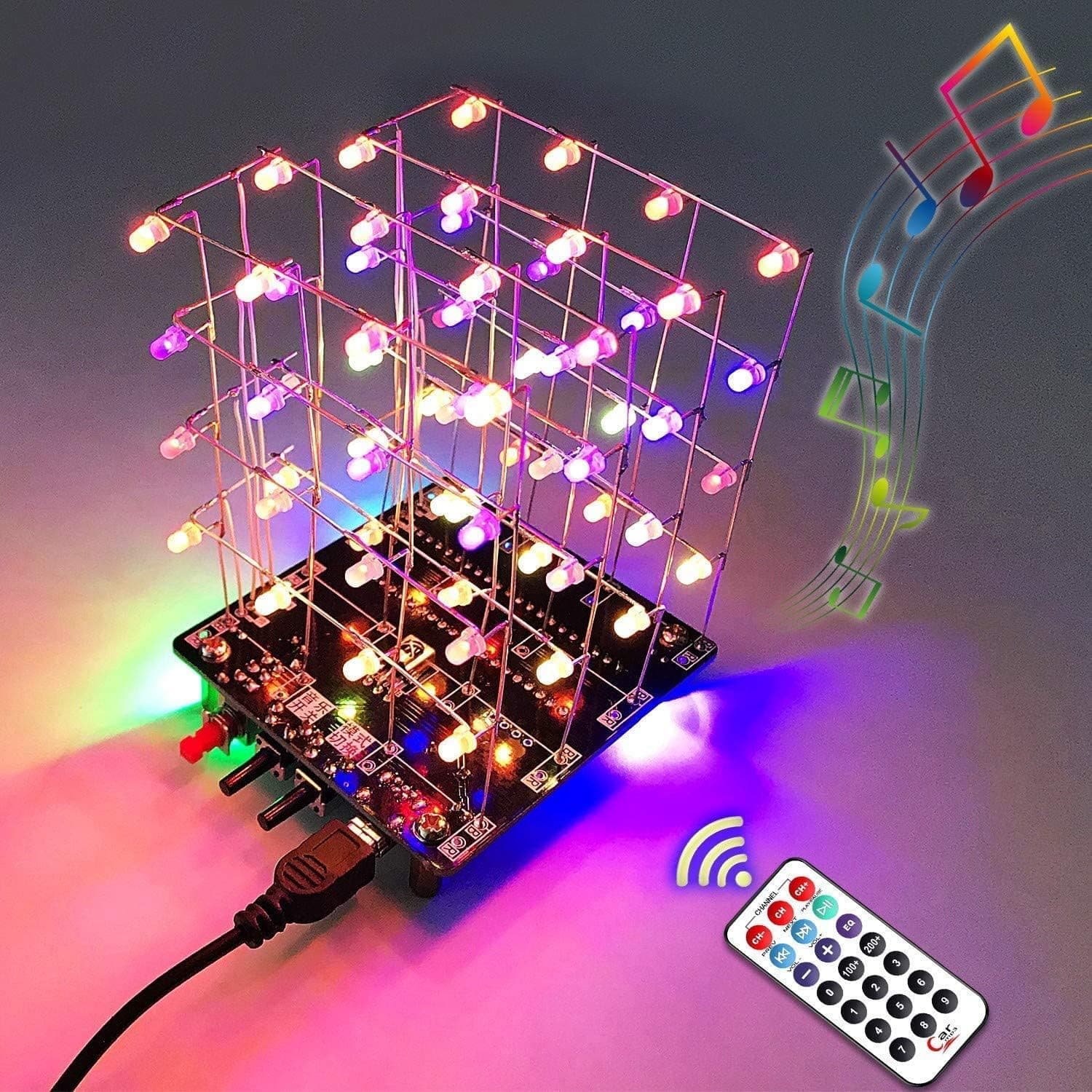 RGB LED 51 MCU Electronic DIY Soldering kit for Electronic Learning, PEMENOL USB Charging Colorful Music 3D Animation Light Cube Ornament with Remote Control for Practice Soldering