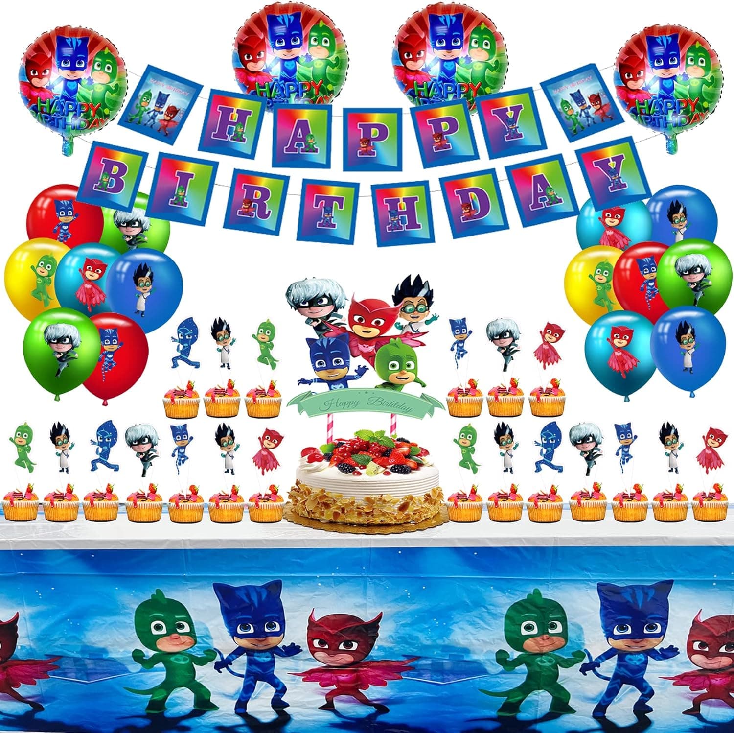 Birthday Party Decorations For PJ Masks, PJ Masks Party Supplies Includes Banner, Balloons, Cake Topper, Cupcake Toppers, Tablecloth, Birthday Party Theme Party Decorations For Kids.