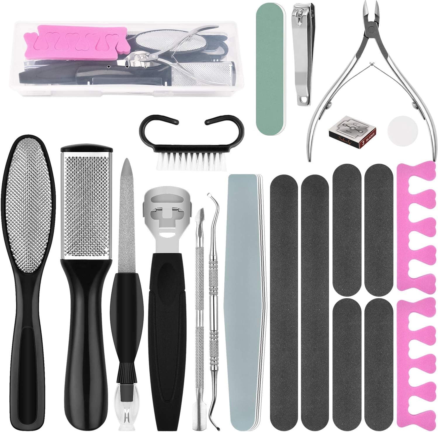 Pedicure Tools Kit Professional 21 in 1, Foot File Scrubber for Dead Skin, Foot Scraper Callus Remover for Feet, Pedicure Supplies Set for Home, Salon (Black)