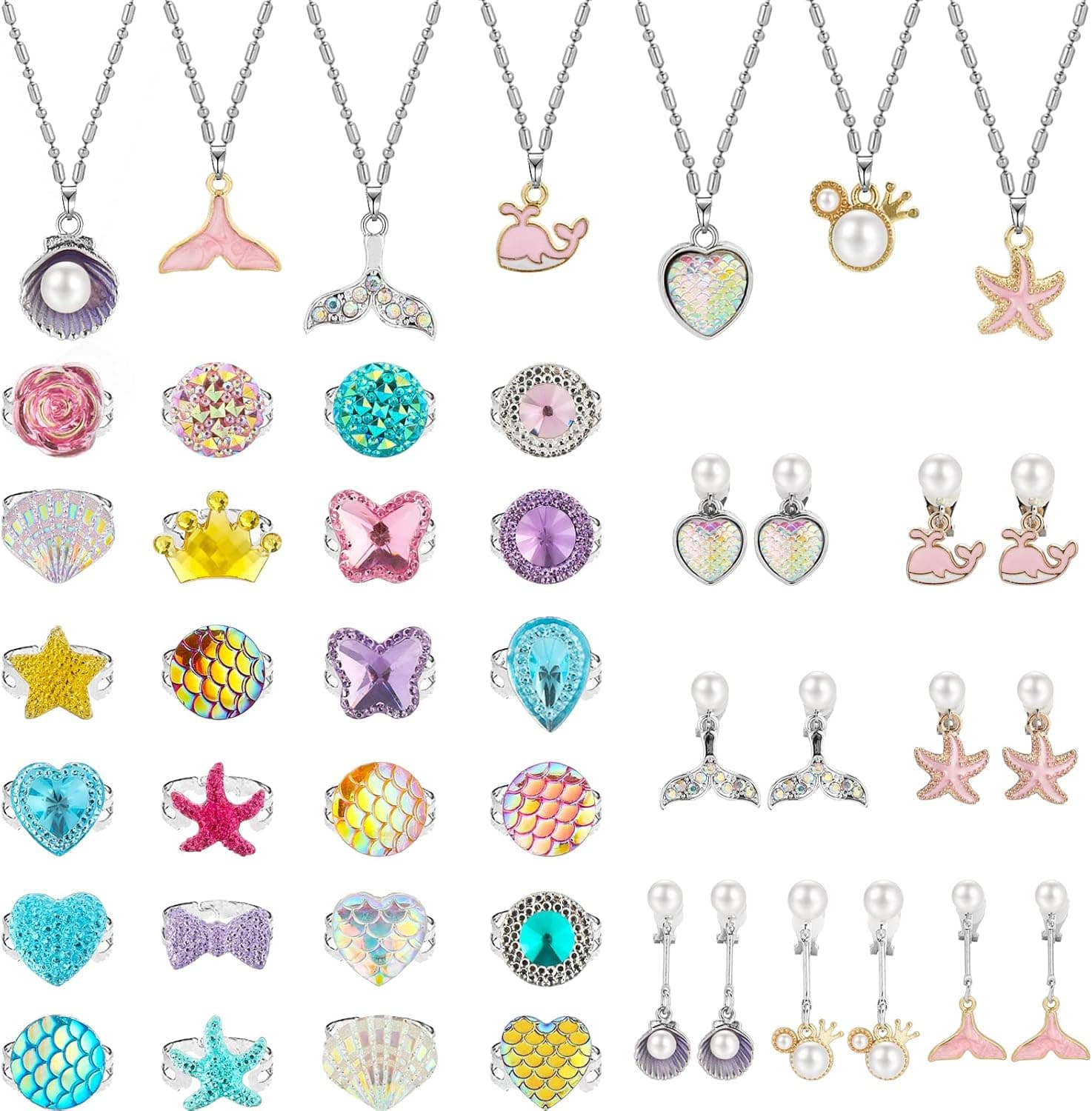 HaiMay 39 Pieces Kids Jewelry Set for Girl Clip on Earrings Princess Necklace Adjustable Dress up Rings Little Girl Jewelry for Party Favor, All Packed in Clear Boxes