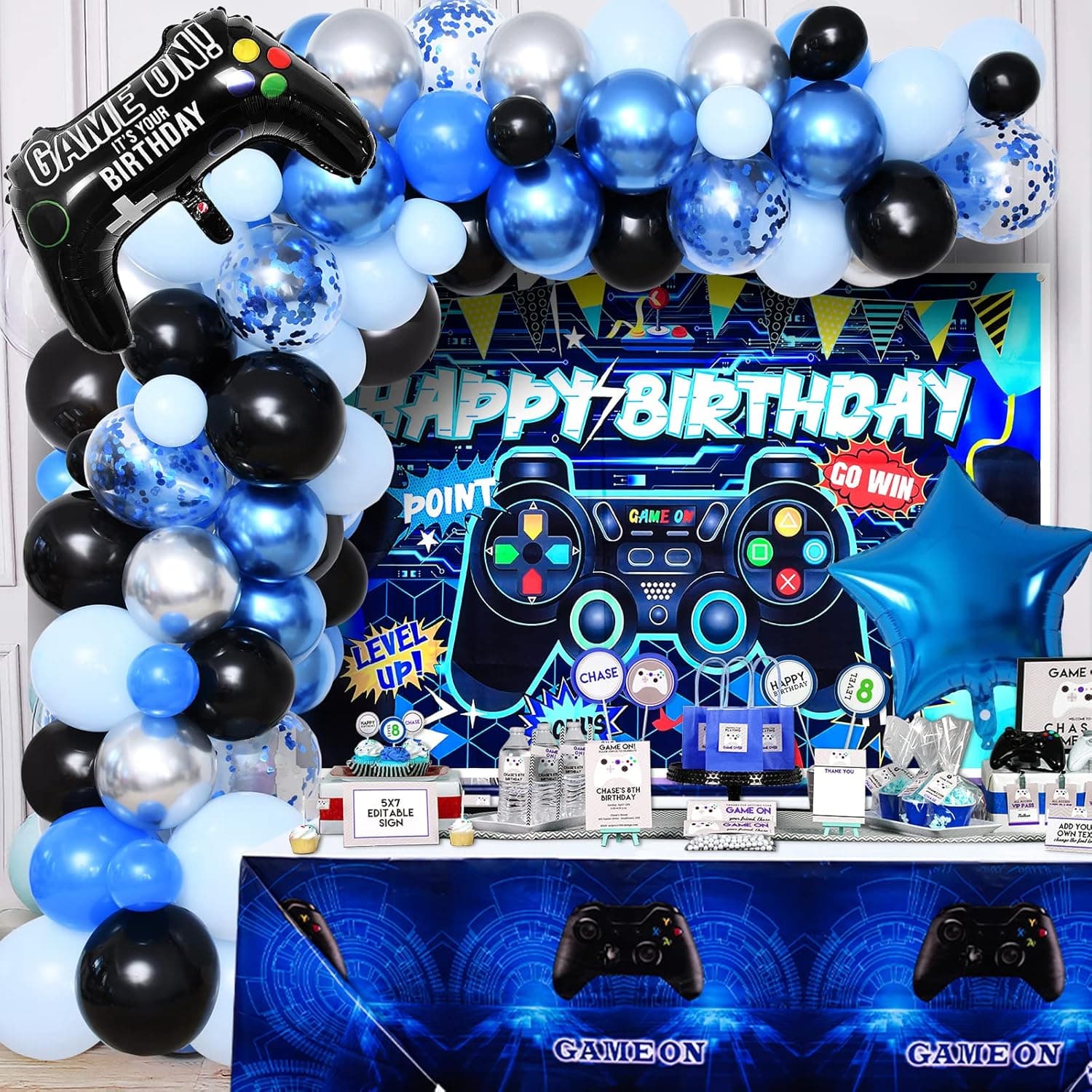 Winrayk 91Pcs Video Game Birthday Party Decorations for Boys Kids Blue Game Balloon Garland Arch kit with Birthday Backdrop Game On Tablecloth Star Gamepad Foil Balloon Gamer Party Supplies Decor