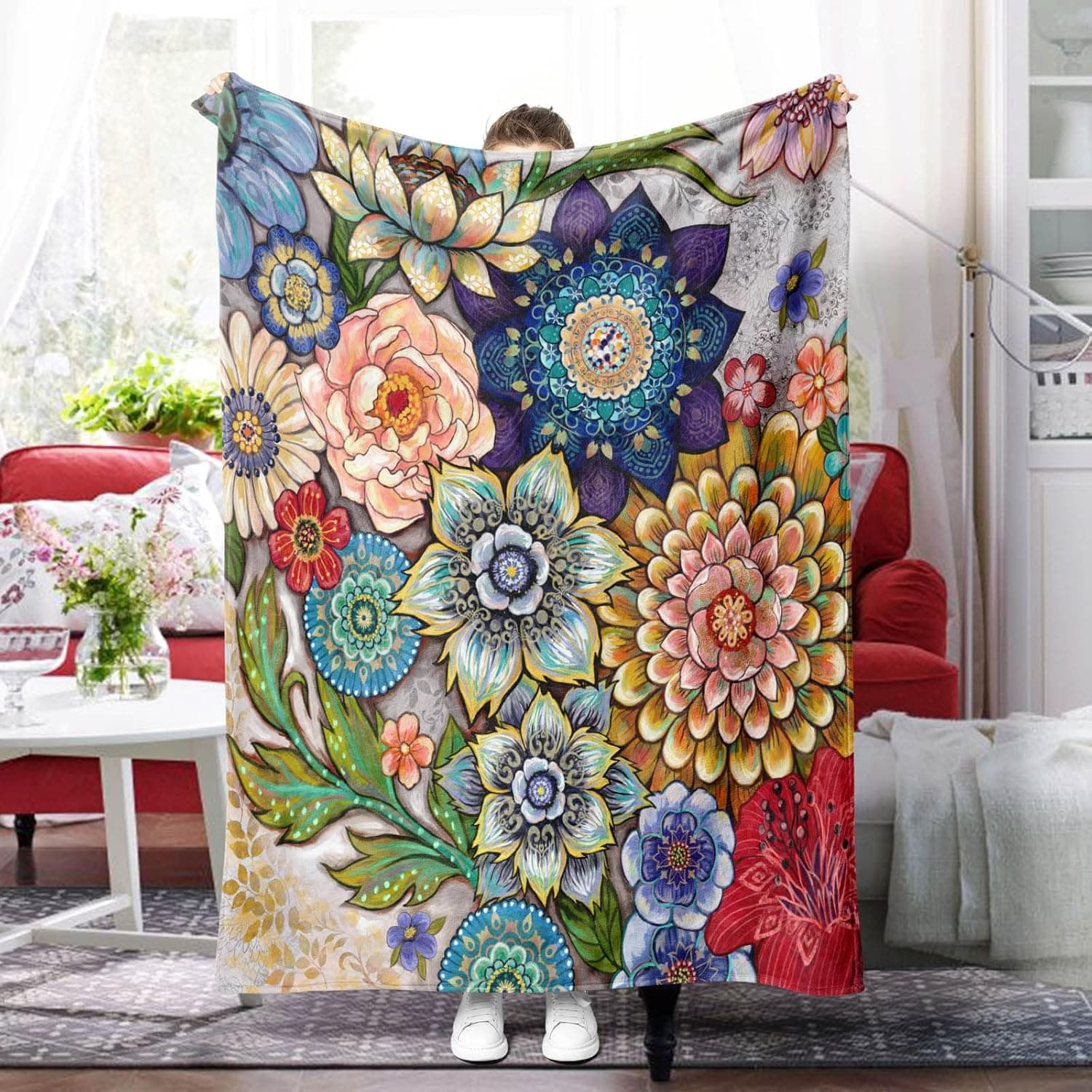 Neasow Floral Fleece Throw Blanket, Vibrant Color Boho Flowers Blossom Cozy Decor Throws for Sofa Bed Couch Chair or Dorm 60×80 inch