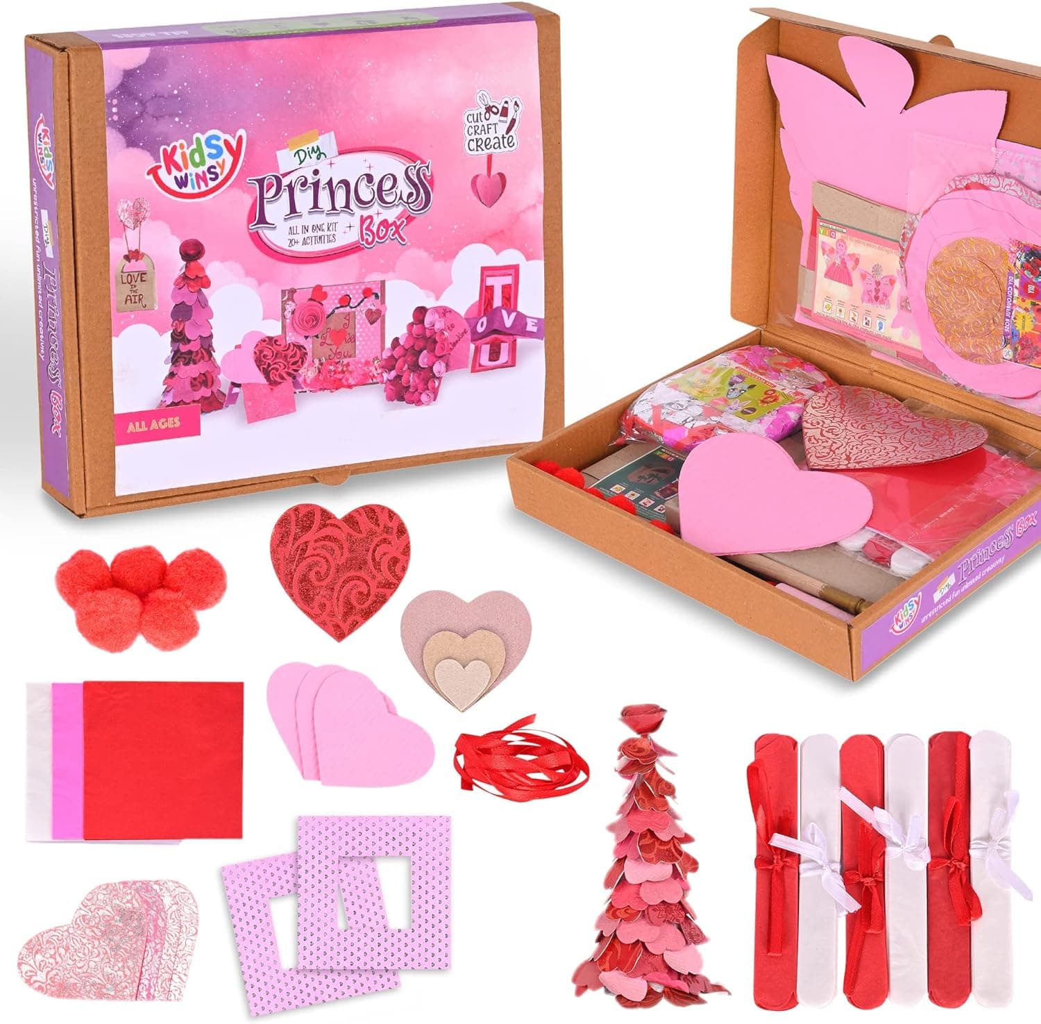 KidsyWinsy Craft Kit with Decorative Paper Accessories | Pretty Princess Kit Includes 150 Pcs + Storage Box | Card Making Kit with 20 Unique Creations | Perfect Mothers Day Craft for Kids Bulk