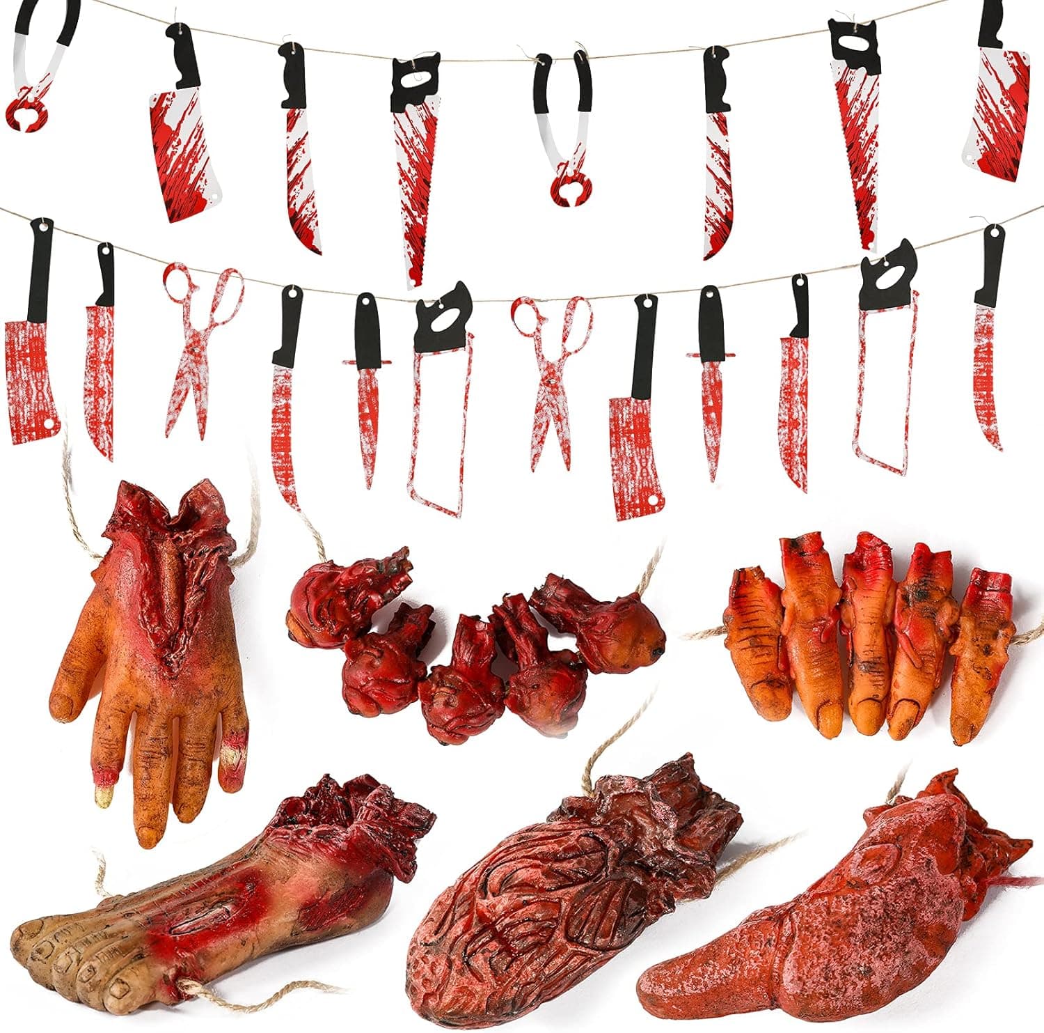 Halloween Blood Weapon Garland Banner Props Fake Scary Severed Hand Broken Body Parts for Haunted House Halloween Vampire Zombie Party Decorations Supplies (6pcs Body Parts + 20pcs Weapons)