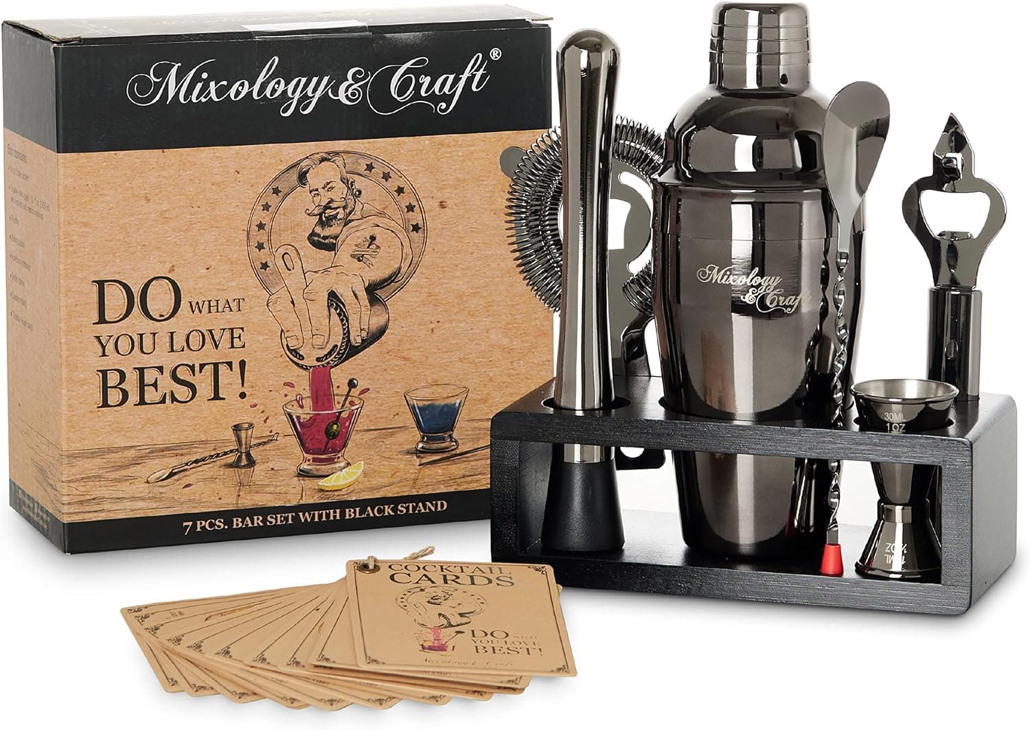 Mixology & Craft Bartender Kit - 8 Piece Stainless Steel Martini Cocktail Shaker Set with Stand for Home Bar, Perfect for Drink Mixing at Home, Plus Exclusive Recipe Cards