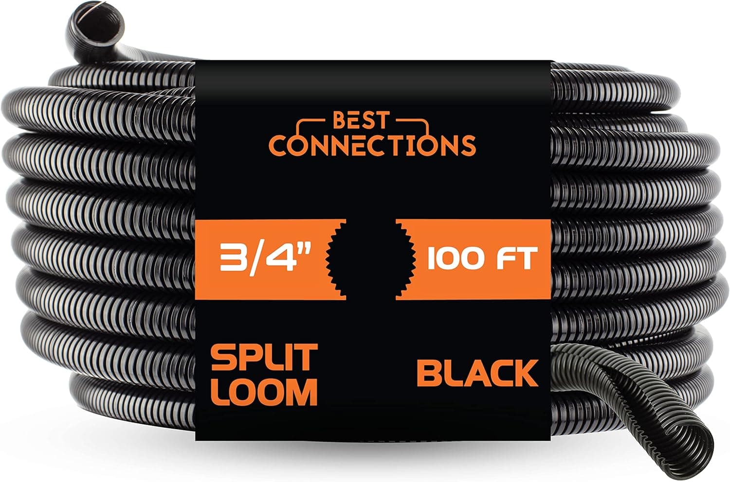 3/4" X 100 ft Split Wire Loom Flex-Guard Convoluted Tubing – Protective Split Cable Sleeves for Automotive Home Industrial Electrical Wires – Chemical Resistant Cable Conduit – Black