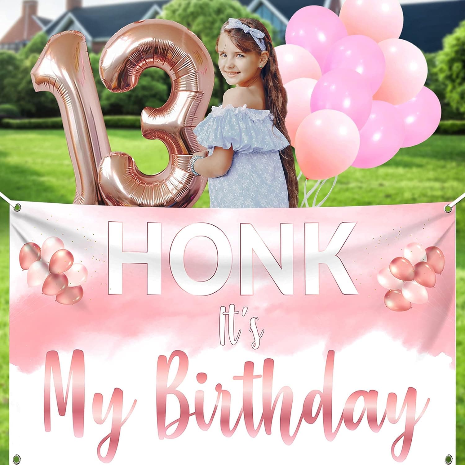 XtraLarge Rose Gold 13th Birthday Decorations - Honk Its My Birthday Banner Big 40 Inch | Rose Gold Birthday Decorations 13 balloon numbers and Banner | 13 Year Old Birthday Decorations for Birthday