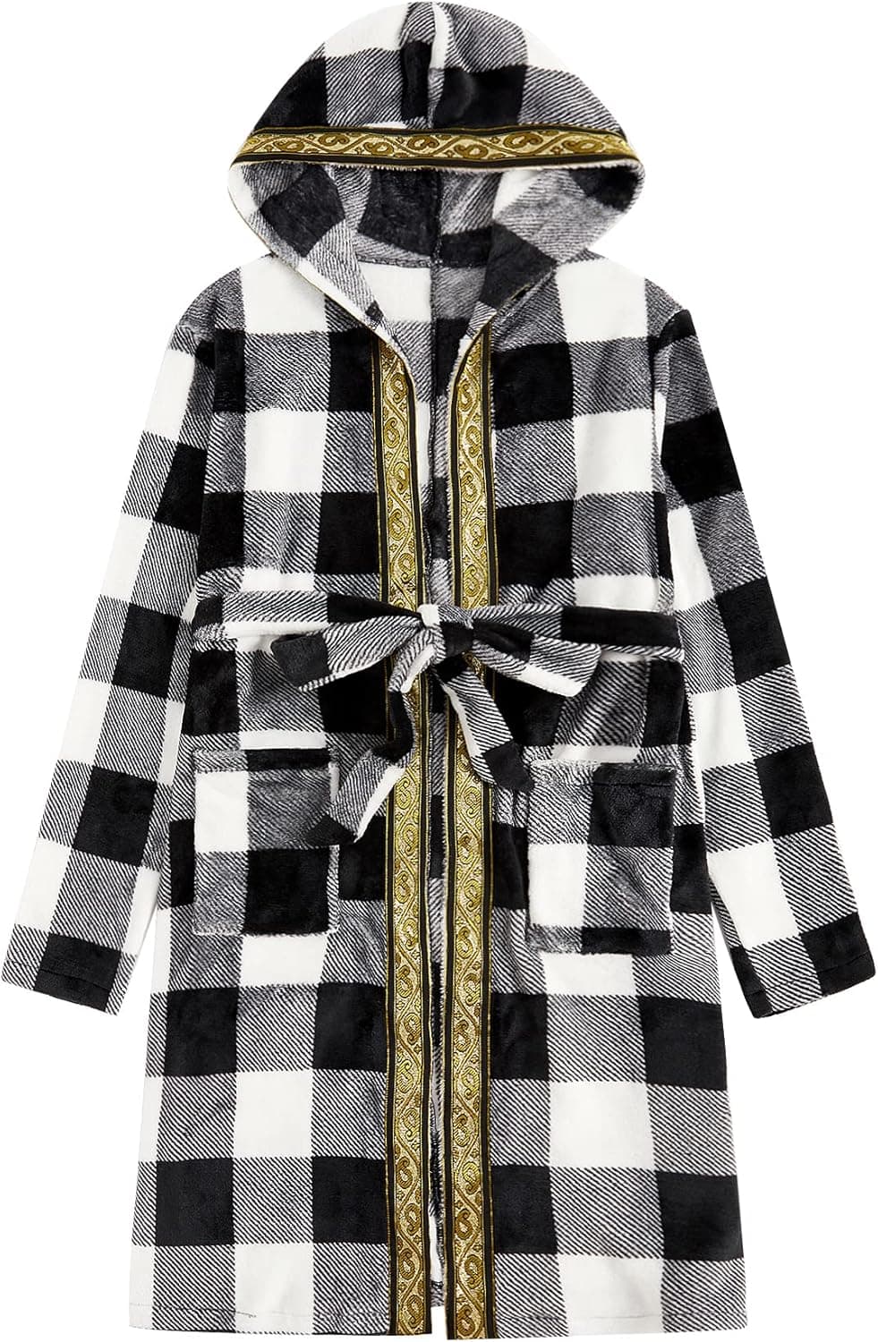 Romwe Men's Hooded Fleece Robe Greek Tape Panel Belted Bathrobe Spa Sleepwear