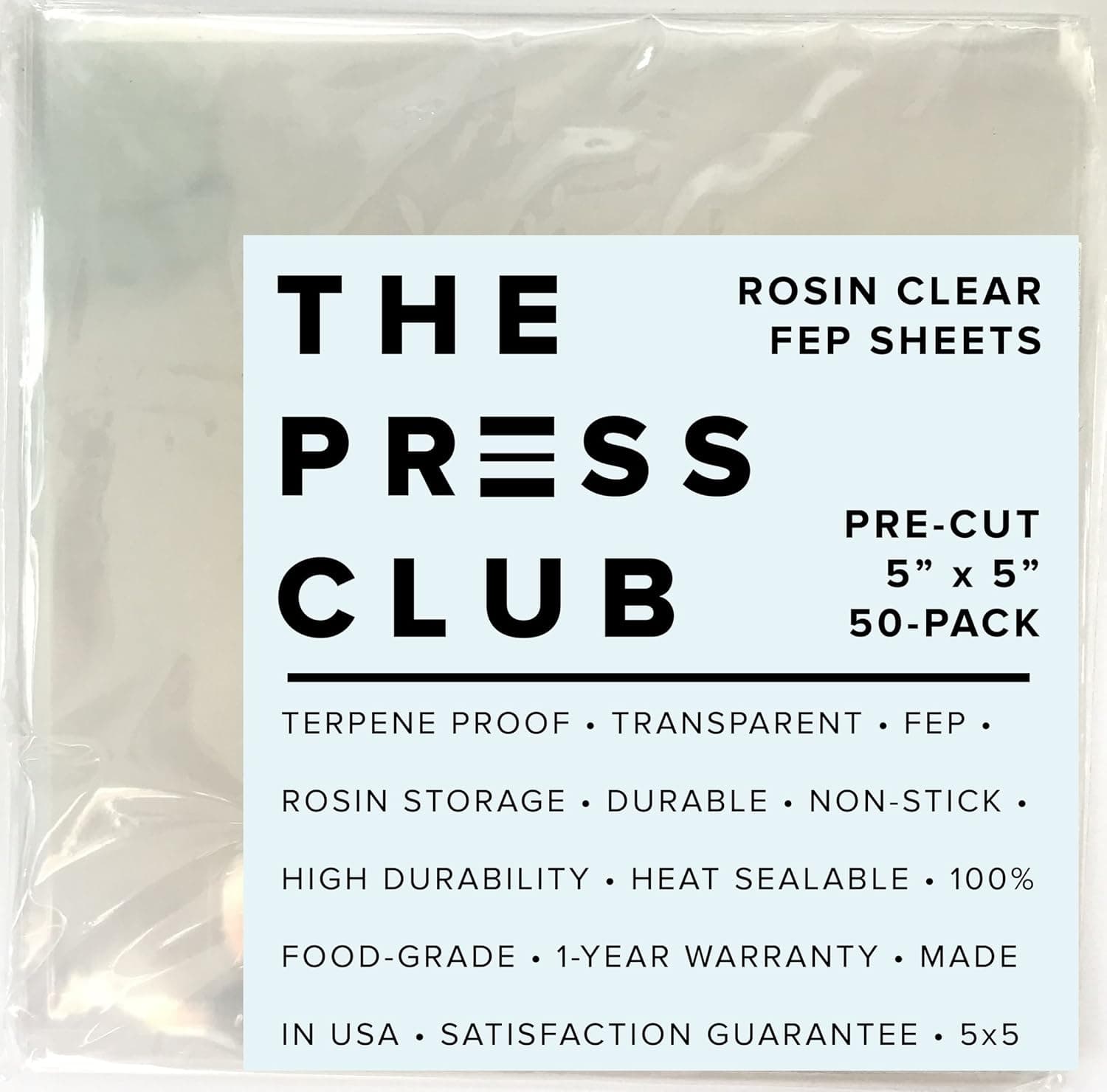 FEP Rosin Storage Sheets | 0.1MM | 5" x 5" | 50 Pack | 100% Food-Grade | Transparent & Terpene Resistant