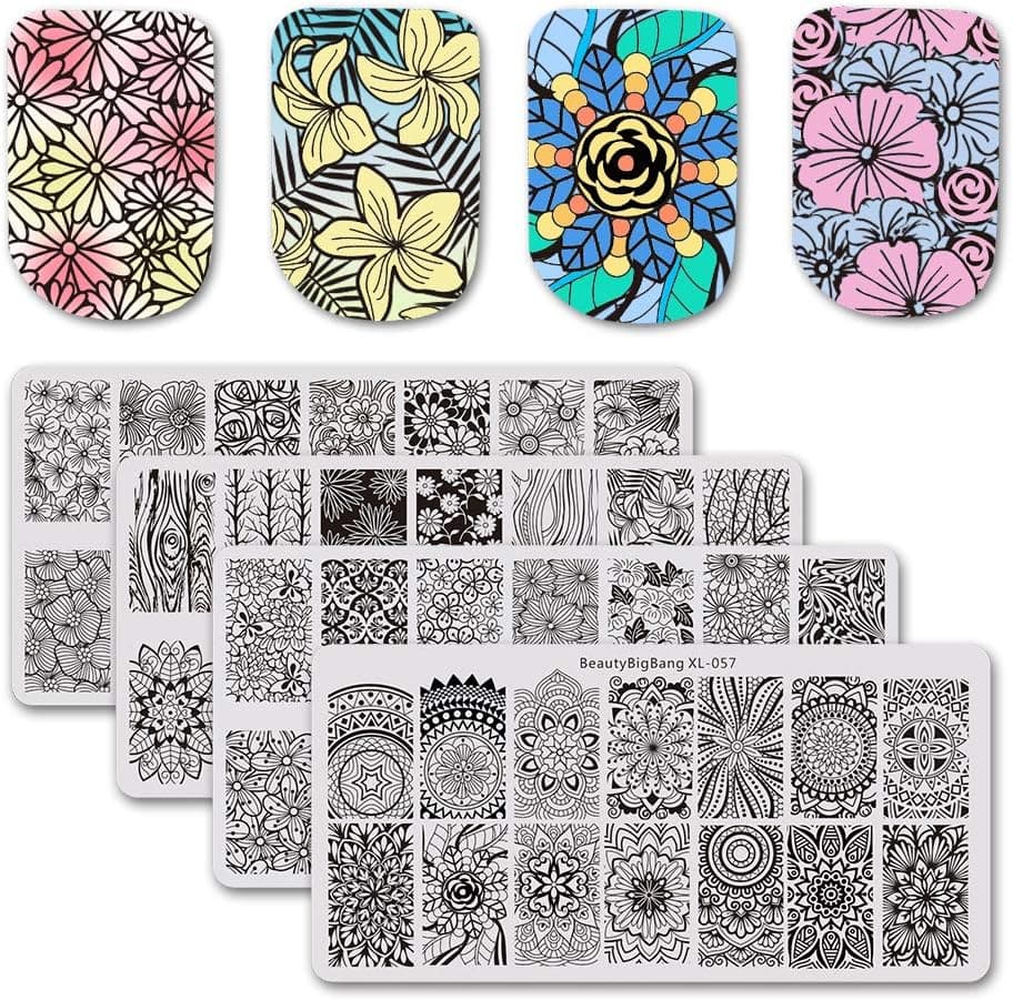 BEAUTYBIGBANG 4Pcs Nail Stamping Plate Flowers Theme - Rose Hibiscus Daisy Poppy Mandala Blossom Image Plate Nail Art Design Stamp Kit Manicure Template Set