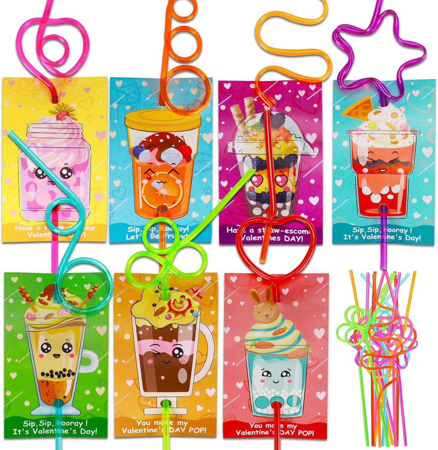 28 PCS Valentines Day Cards for Kids School with Crazy Loop Bendy Reusable Drinking Straws Bulk Toys Class Prizes Valentine Party Favors Supplies Classroom Exchange Cards Boy Girl Ideal Valentine Gift