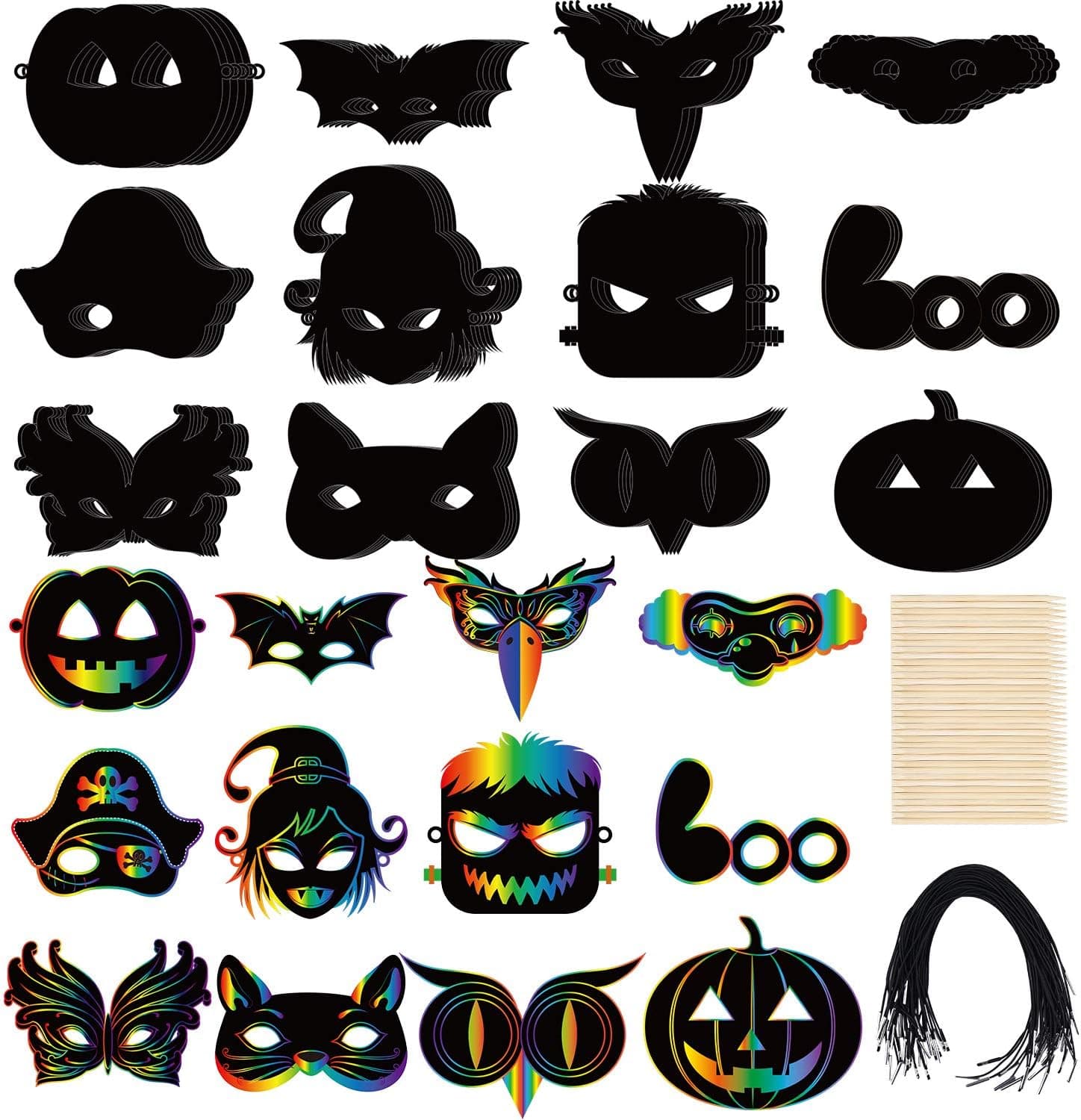 Cooraby 54 Pack Halloween Scratch Art Masks Rainbow Scratch Mask with Bamboo Stylus and Elastic Band White Halloween Pattern Design Art Paper Masks DIY Scratch Craft
