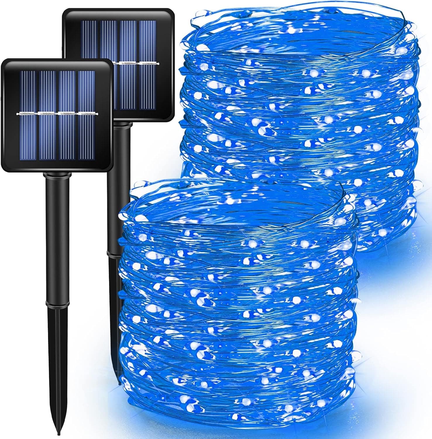 TW SHINE Blue Solar String Lights Outdoor, 39.4 FT 120 LED Solar Powered Waterproof Fairy Lights 8 Modes Copper Wire Lights for Christmas Party Tree Wedding Yard Decorations, 2 Pack