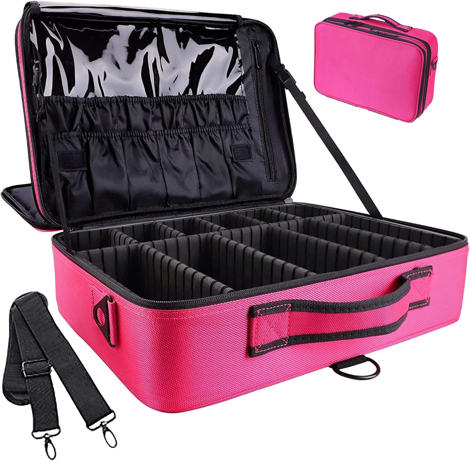 Large Makeup Organizer 16" Travel Bags for Women,Makeup Case Suitcase Portable Artist Storage Bag with Adjustable Dividers for Cosmetics Makeup Brushes Toiletry Jewelry Digital Accessories Pink