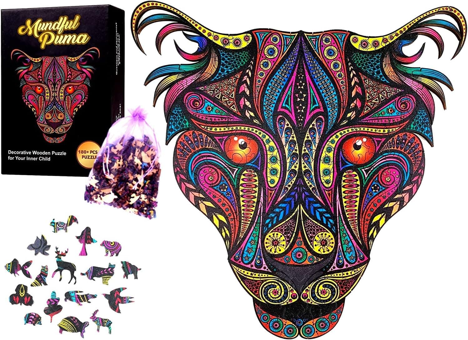 Wooden Jigsaw Puzzle for Adults by Gifted Stuff - Mindful Puma Design - Family Night or Alone Time - Vivid Colors - Gift Packaging 300 PCS