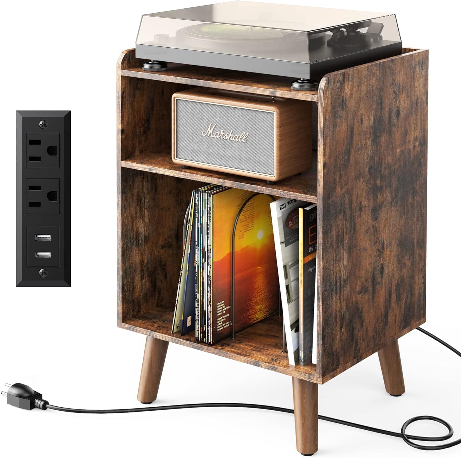 Record Player Stand, Turntable Stand with Record Storage and Charging Station & USB Ports, Record Player Table with Metal Divider, Record Stand Up to 120 Albums for Living Room, Bedroom Brown