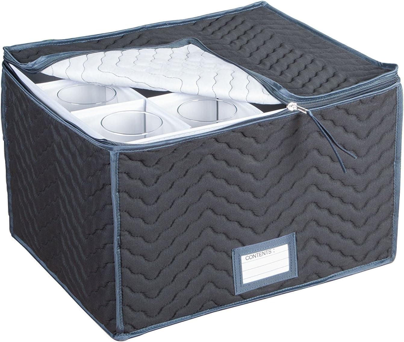 Stemware Storage Chest -Deluxe Quilted Microfiber (Black With Charcoal Trim) (15.5" x 12.5 x 10")