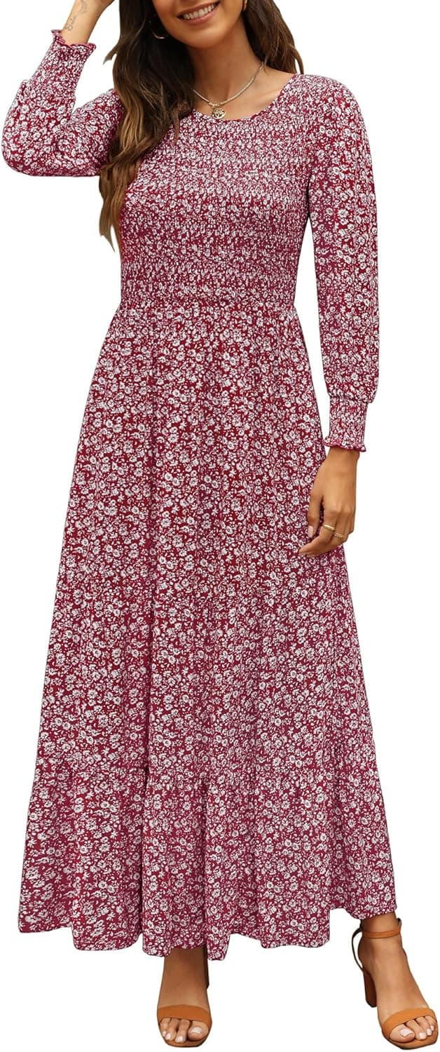 Annebouti Long Sleeve Fall Dress for Women Tiered Smocked Boho Floral Maxi Dress Wine