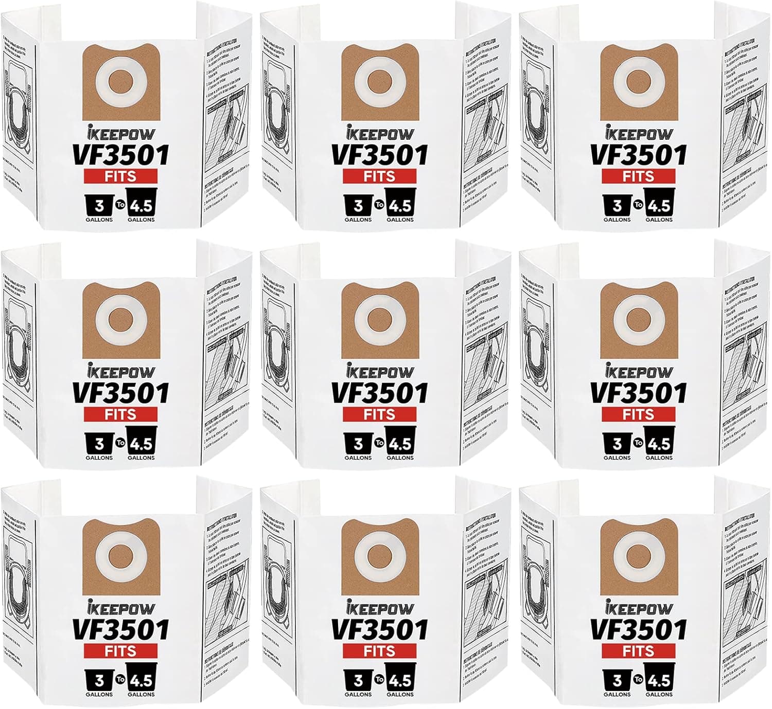 iKEEPOW VF3501 Shop Vac Bags Compatible with Ridgid Vacuum 3 to 4.5 Gallon Dust Bags / Workshop Dry Vac Bags, Replacement Fiter Bags, Part # VF3501 / WS32045F9 (9 Pack)