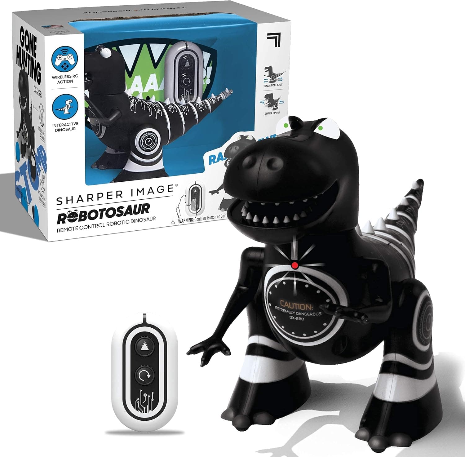 Sharper Image Remote Control Mini RC Robotosaur Dinosaur Toy for Kids, Miniature Futuristic Sci-Fi Robot T-Rex Moving Action Figure with Infrared Technology, Battery Operated Black Body