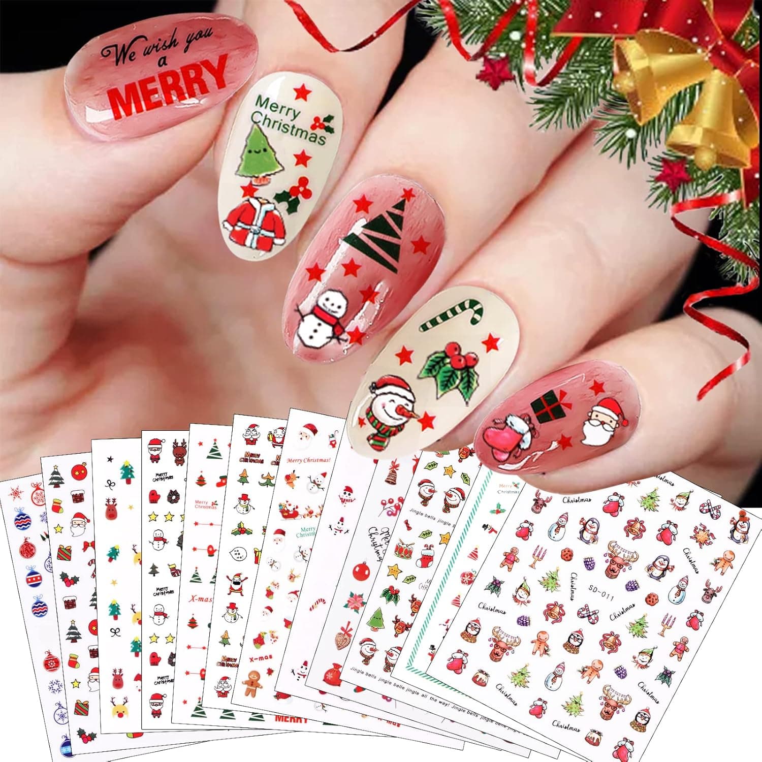 1000 Patterns+ Christmas Stickers for Nail Art Decals, Lorvain 3D Self-Adhesive Nail Art Stickers Mixed Style 12 Sheets for Women Girls Kids Colorful Christmas Party Decorations Nail DIY Supplies