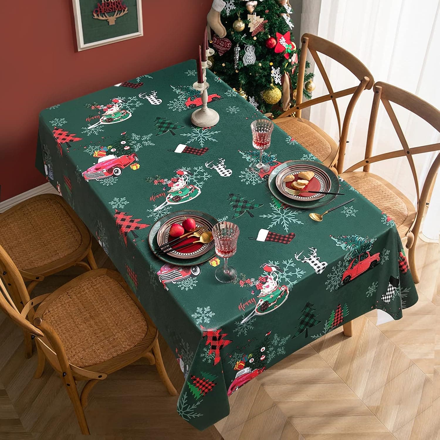 DECORKC Vinyl Christmas Tablecloth, Waterproof Oil-Proof Wipeable Heavy Duty Plastic Tablecloth, Stain Resistant PVC Table Cover for Christmas (Green, 54”×78”)
