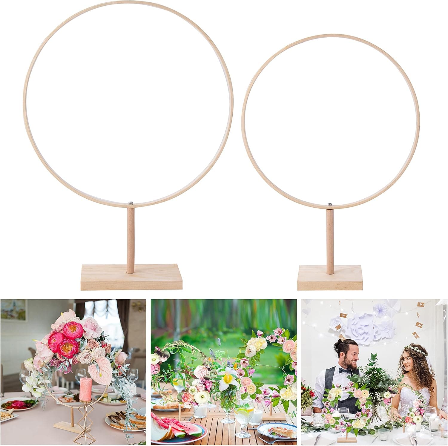 Sntieecr 2 Pack Wooden Floral Hoop Centerpiece for Table, Bamboo Hoops Ring Centerpiece with Stand, Wooden Hoops for DIY Crafts Wedding Table Decoration Centerpiece Home Decorations