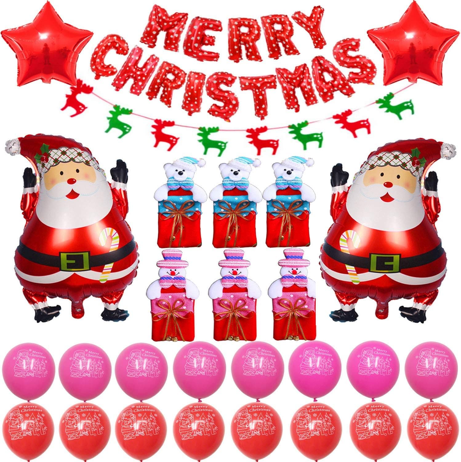 Christmas Cute Cartoon Santa Clause and Gift Bag Party Supplies, Decoration Set With Christmas Gift Bags Santa Clause & Five-Pointed Star Foil Balloons Red And Pink Latex Balloons, Full Party Set 41PCS For Christmas Party