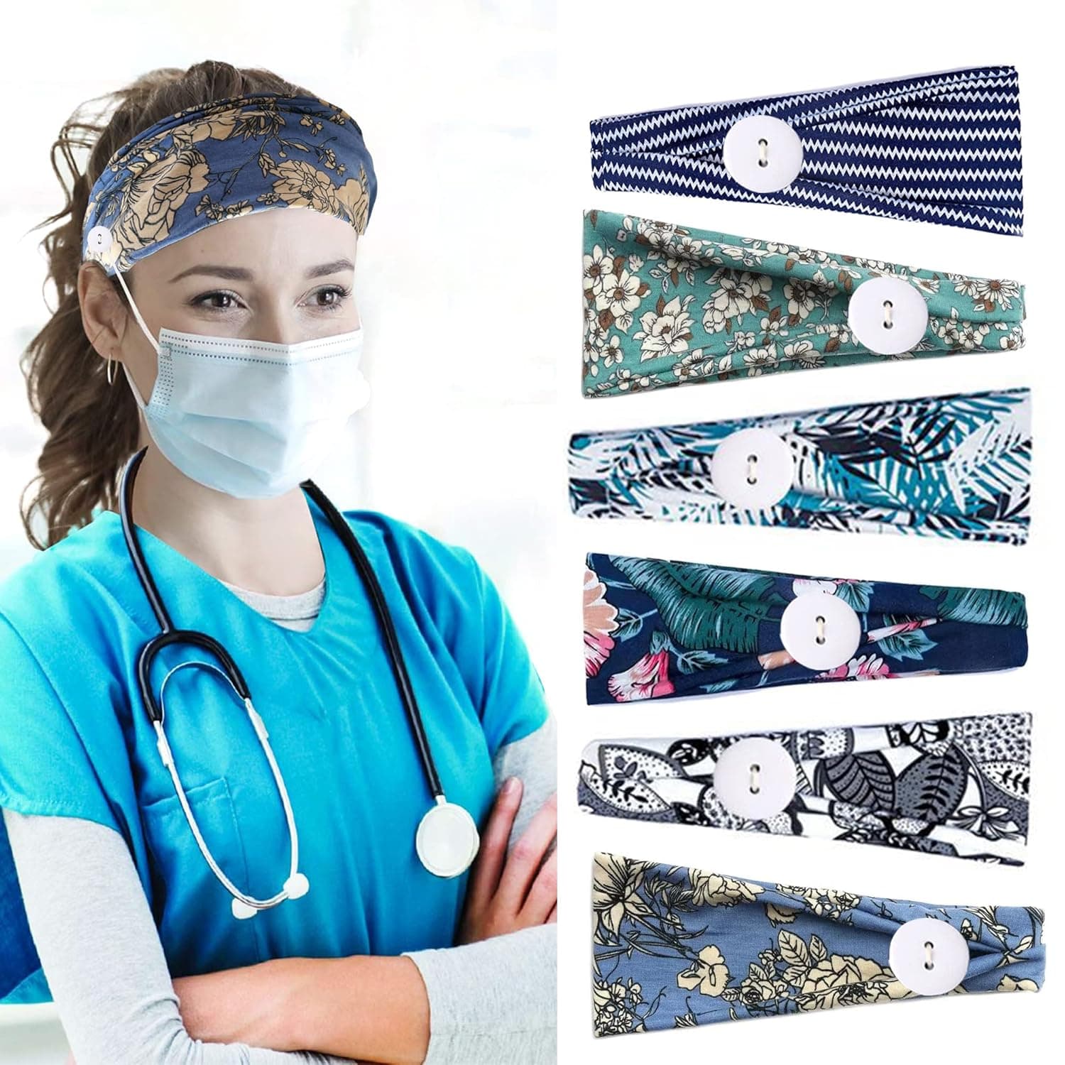 Nurse Headbands with Buttons for Face Mask 6 Pcs Non Slip Lightweight Elastic Ear Protection for Women Men Doctors Wide Nursing Boho Head Wrap for Yoga Sports Running