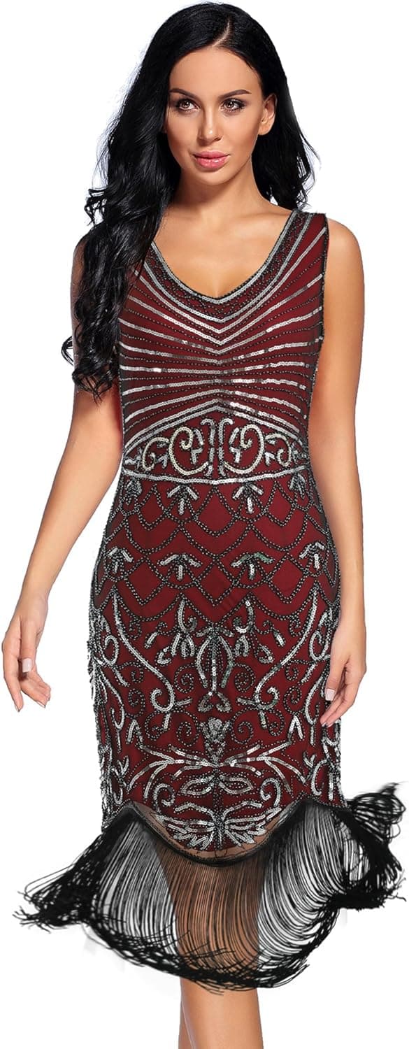 Women's 1920s Sequin Art Deco Flapper Dresses Great Gatsby Prom Cocktail Dress