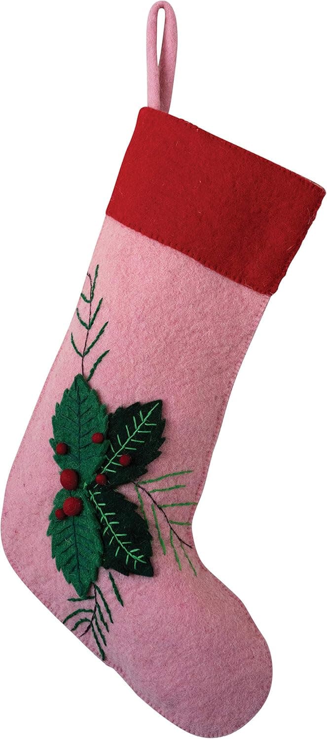 Creative Co-Op 16" H Wool Embroidered & Appliqued Stocking w/Holly, Pink, Red & Green Textiles, Multi