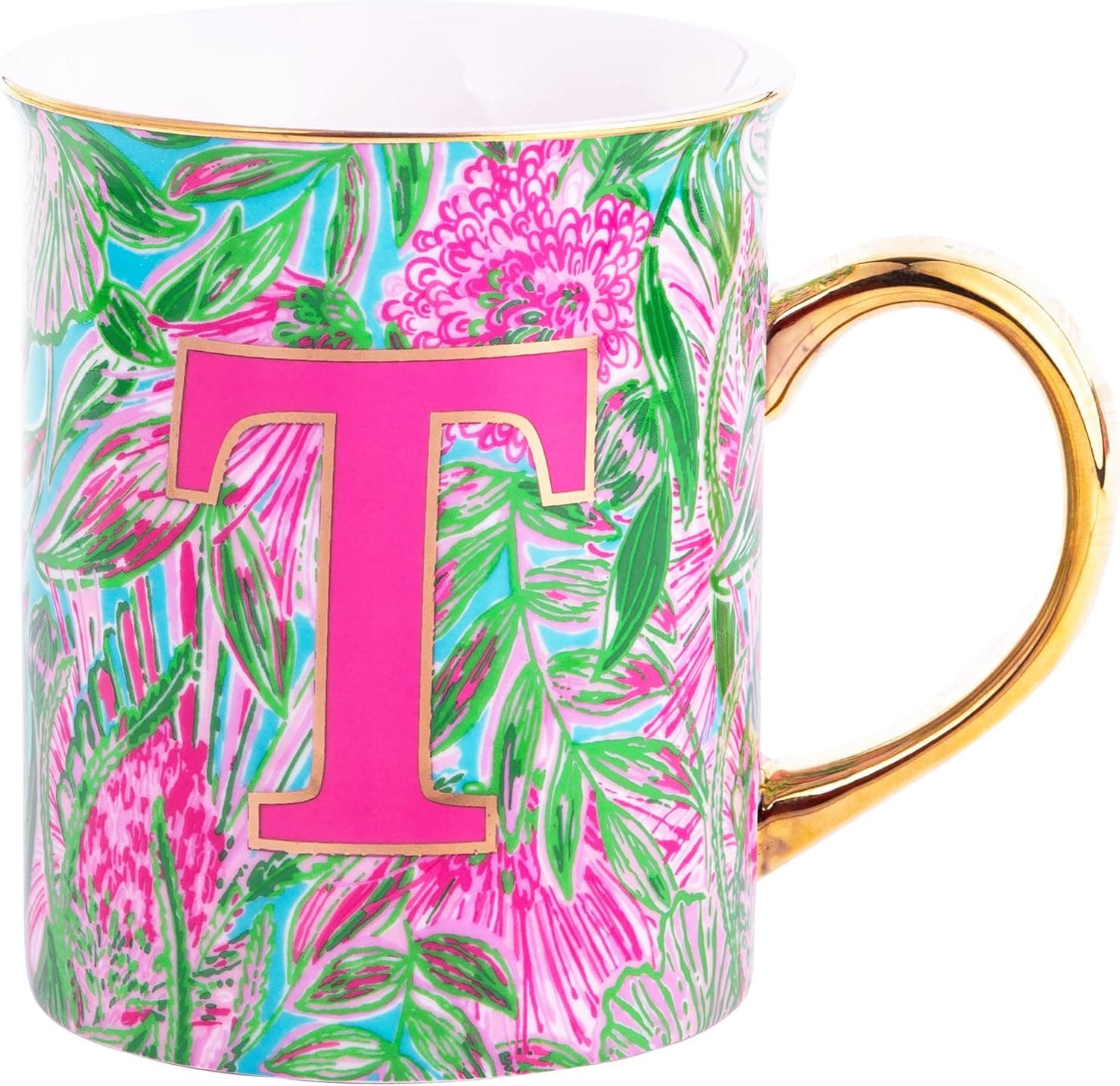 Lilly Pulitzer Initial Ceramic Coffee Mug, 14 Oz Tea Cup, Cute Mug with Gold Handle and Gift Box, T (Coming In Hot)