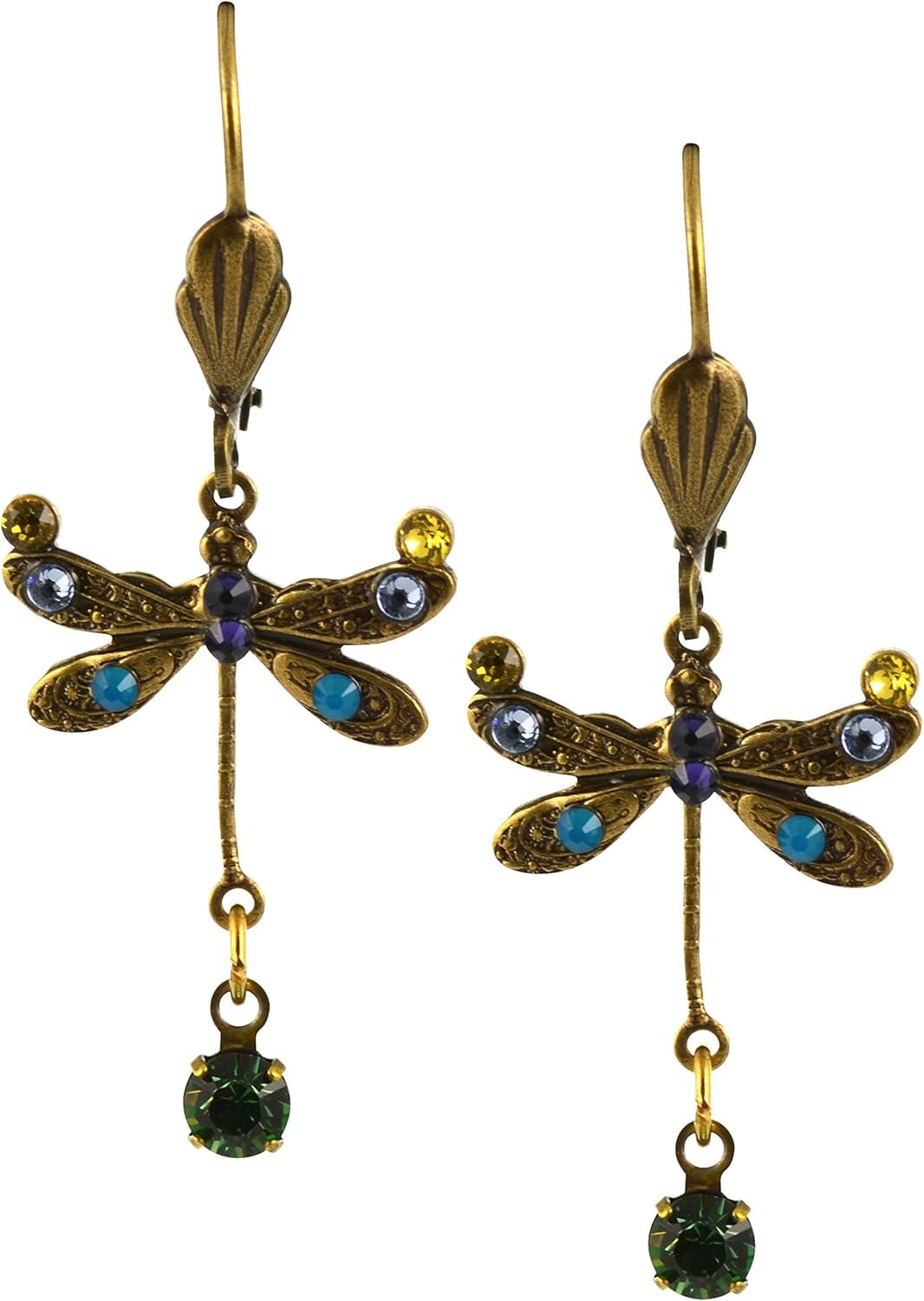 Anne Koplik Dragonfly Earrings, Jonquil/Fern Green Gold Plated Dangle with Jeweled Drop
