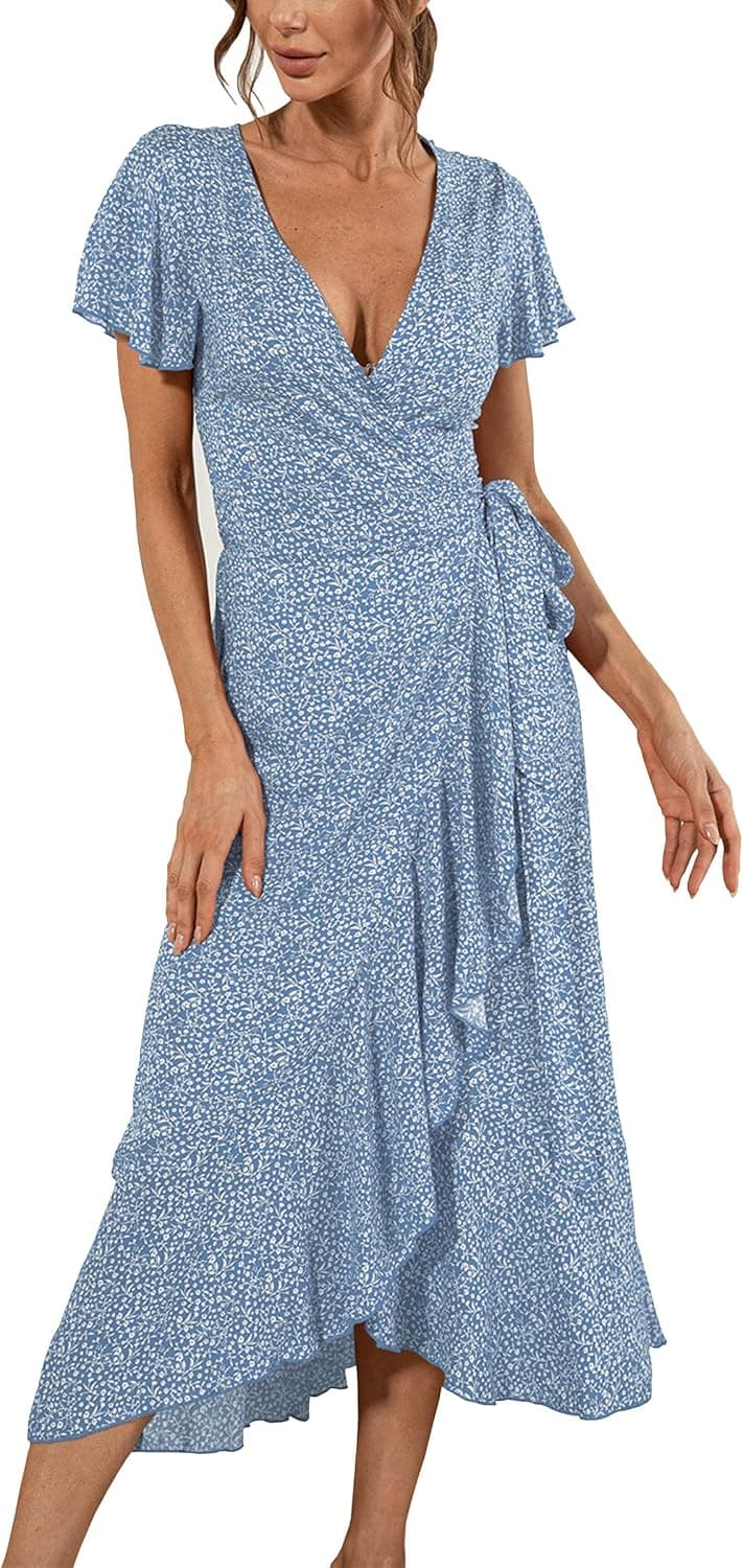ECOWISH Women's Dresses Bohemian Wrap V Neck Short Sleeve Ethnic Style High Split Beach Maxi Dress