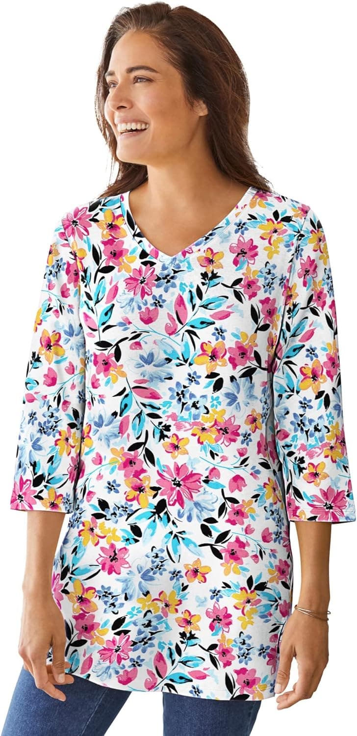Woman Within Women's Plus Size Perfect Printed Three-Quarter-Sleeve V-Neck Tunic - 18/20, White Painterly Bloom