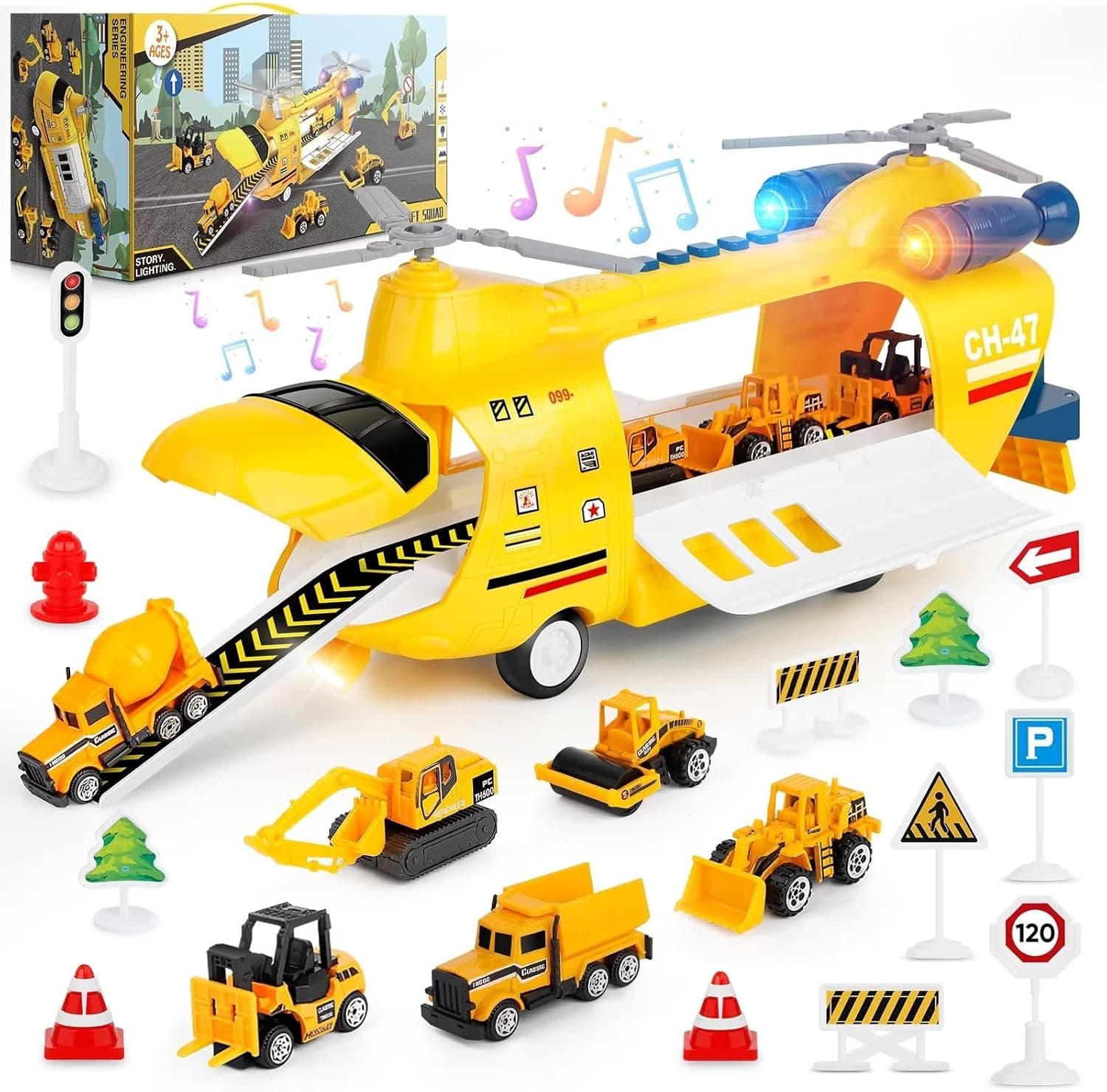 BAZOVE Airplane Toy for 3 4 5 6 Year Old Boys, Transport Cargo Toy Airplane Car Toys Set, Friction Powered Helicopter w/Sounds & Lights, 6 Mini Construction Vehicles & 12 Traffic Road Signs (Yellow)