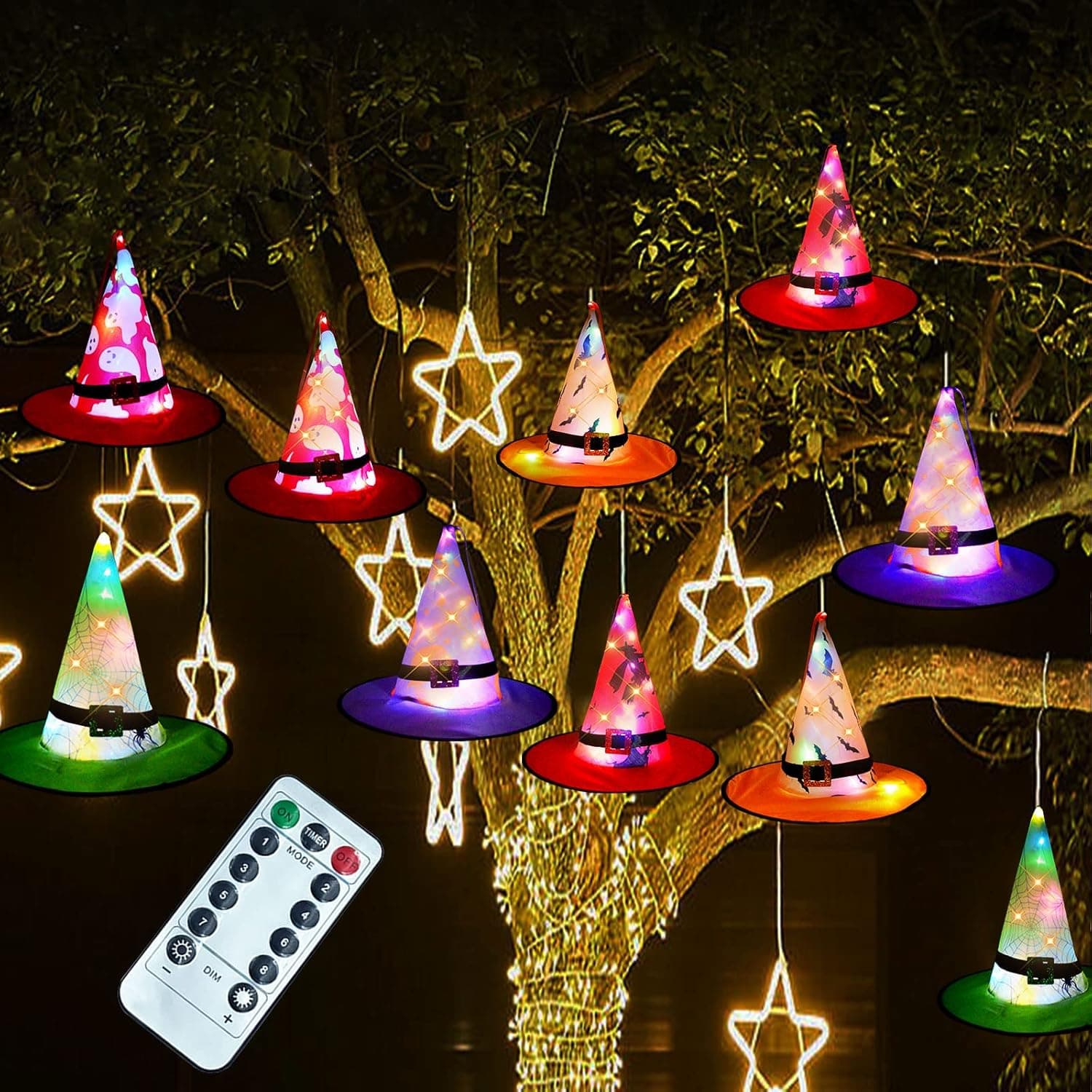 EYOUBE Halloween Decorations Outdoor 8PCS Witch Hats String Lights Halloween Hanging Glowing Witch Hat with 8 Lighting Modes Halloween Lights Outdoor for Yard, Garden, Tree (Type1)