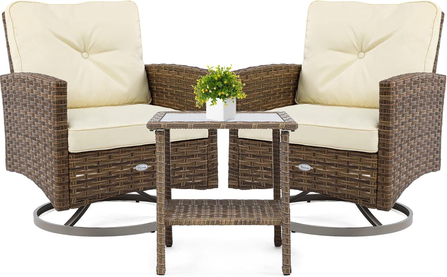 YITAHOME 3-Piece Patio Outdoor Wicker Bistro Rocking Furniture Conversation Chairs for Garden, Backyard and Balcony (Tan Chairs + Off- White Cushions)