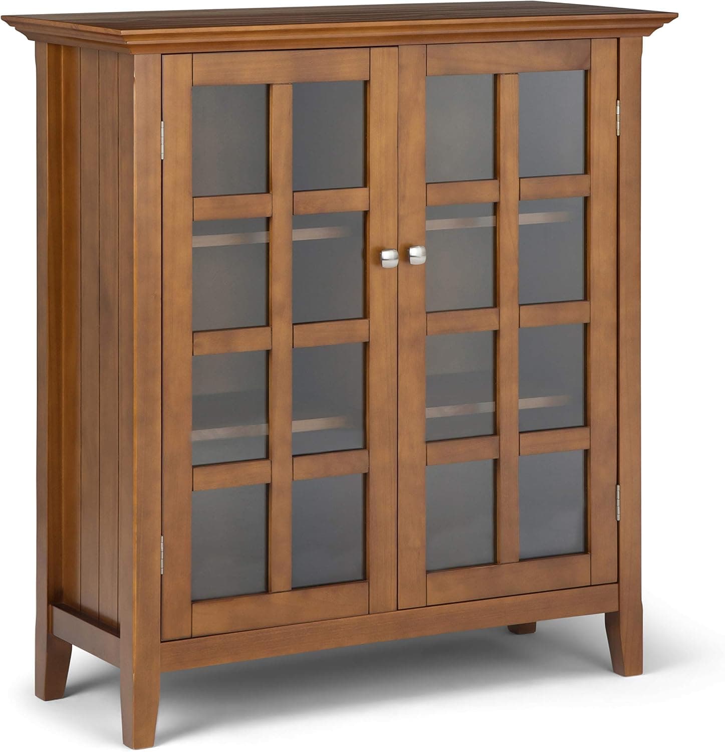 SIMPLIHOME Acadian SOLID WOOD 39 inch Wide Transitional Medium Storage Cabinet in Light Golden Brown, with 2 Tempered Glass Doors, 4 Adjustable Shelves