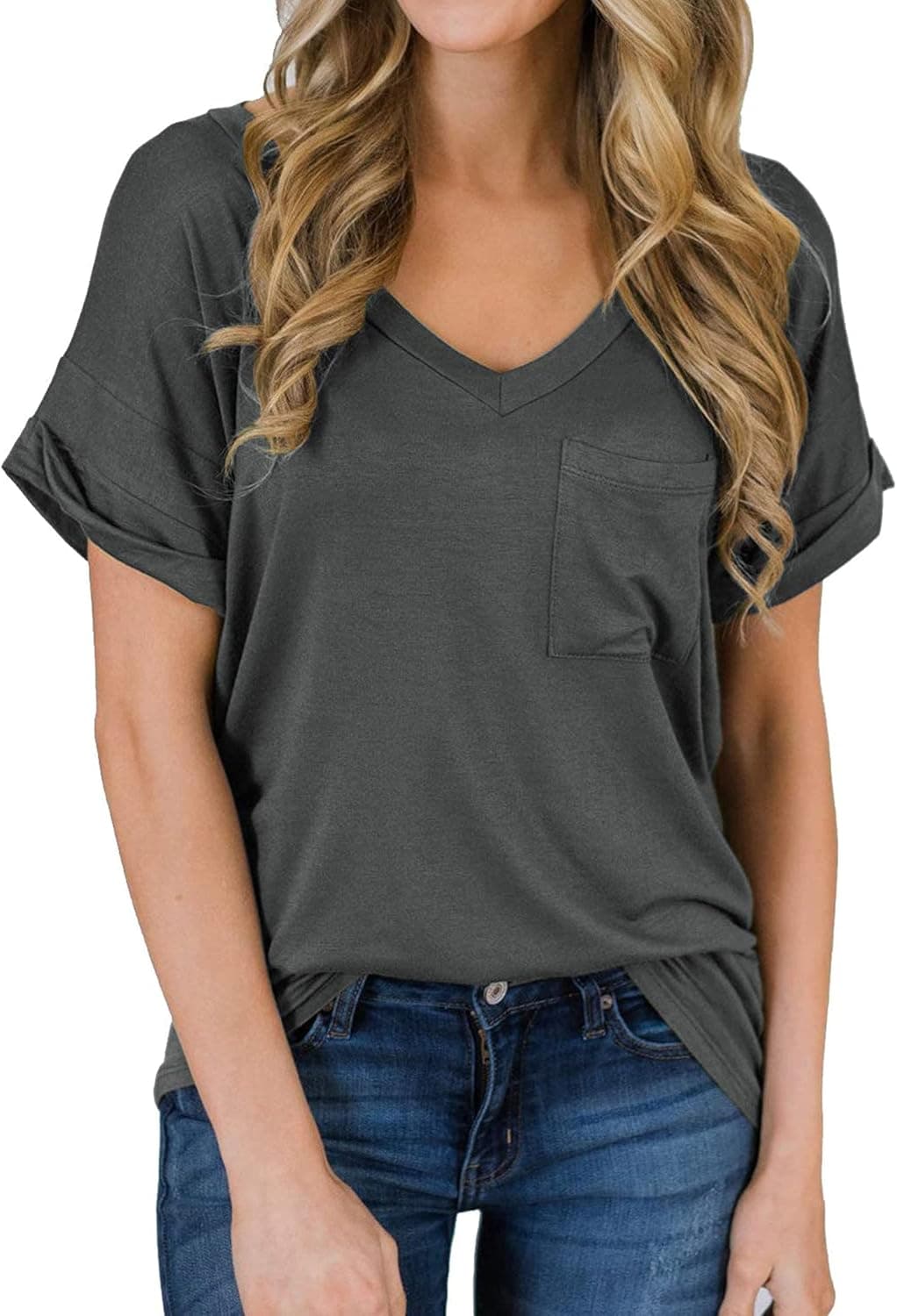 MIHOLL Women's Short Sleeve V-Neck Shirts Loose Casual Tee T-Shirt
