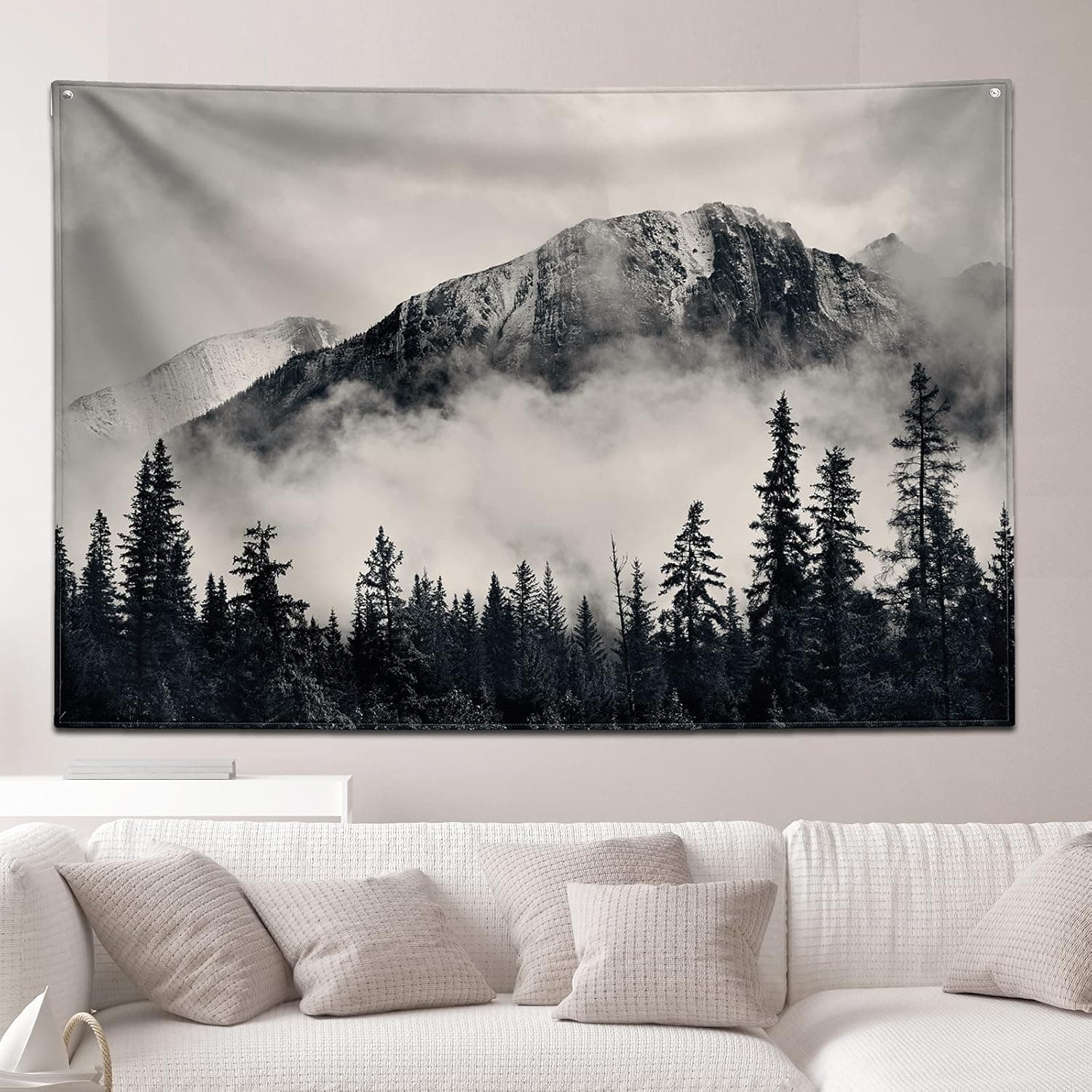 Misty Forest Tapestry Forest Trees with Mountain Tapestry Black and White Tapestry Wall Hanging Fantastic Fog Magical Nature Landscape Small Tapestry for Bedroom Aesthetic Living Room Dorm 61”x 41”