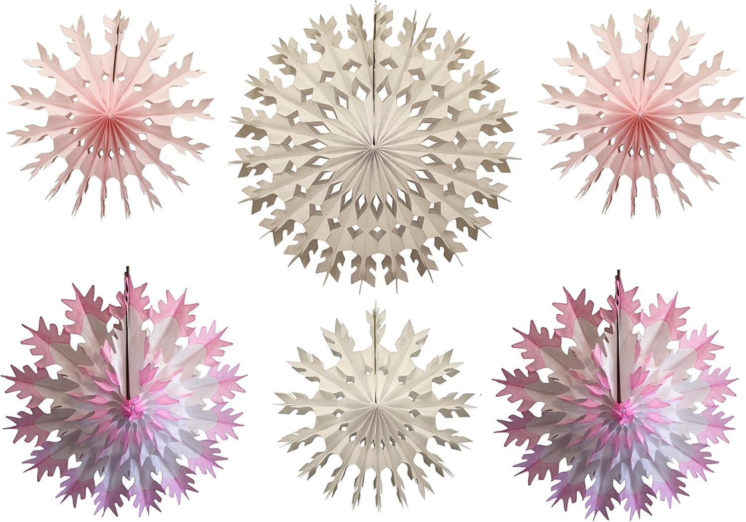 6-Piece Multi-Colored Tissue Paper Snowflake Party Decoration Kit (Pink and White, 15-22 inches)